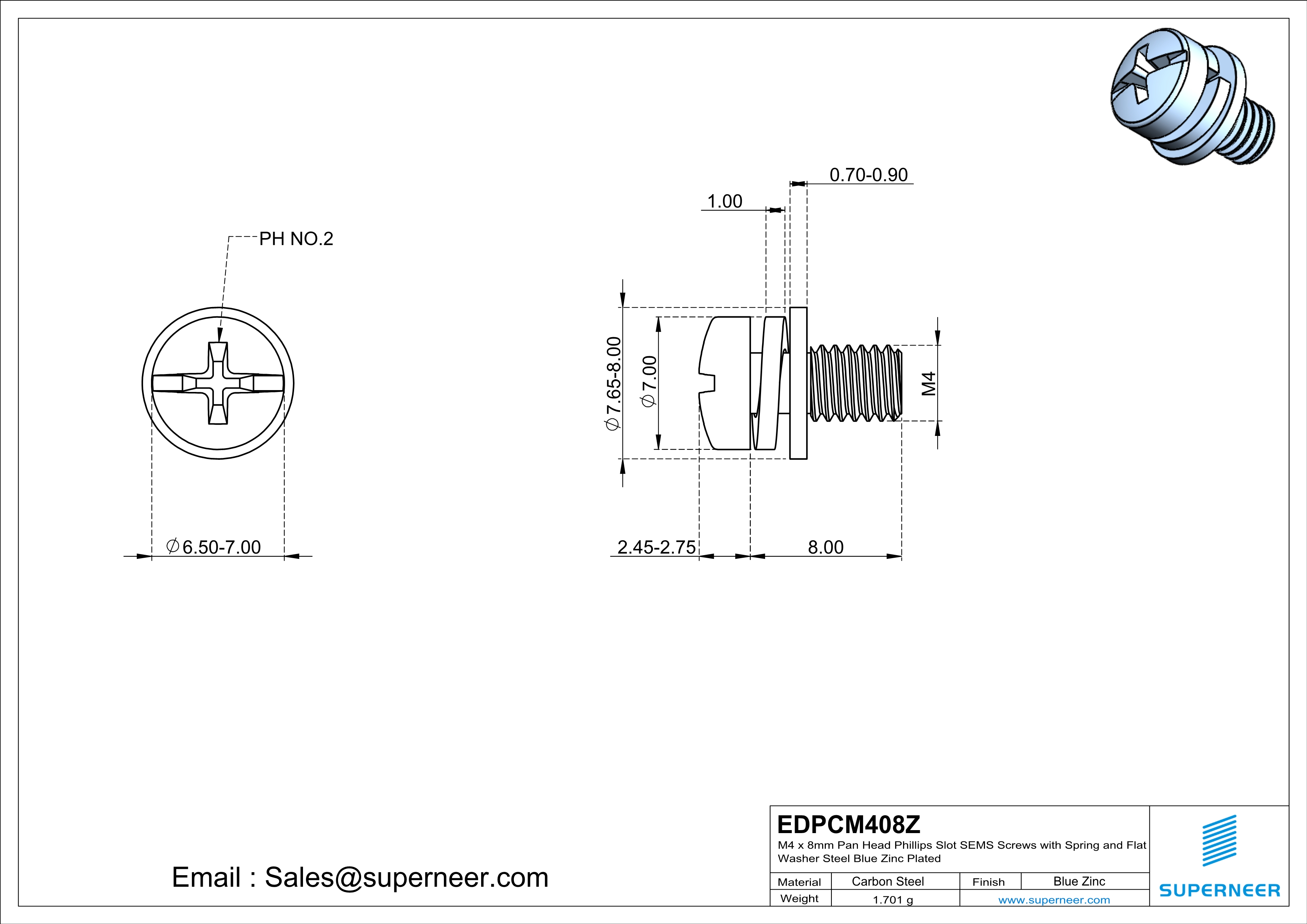 M4 x 8mm Pan Head Phillips Slot SEMS Screws with Spring and Flat Washer Steel Blue Zinc Plated