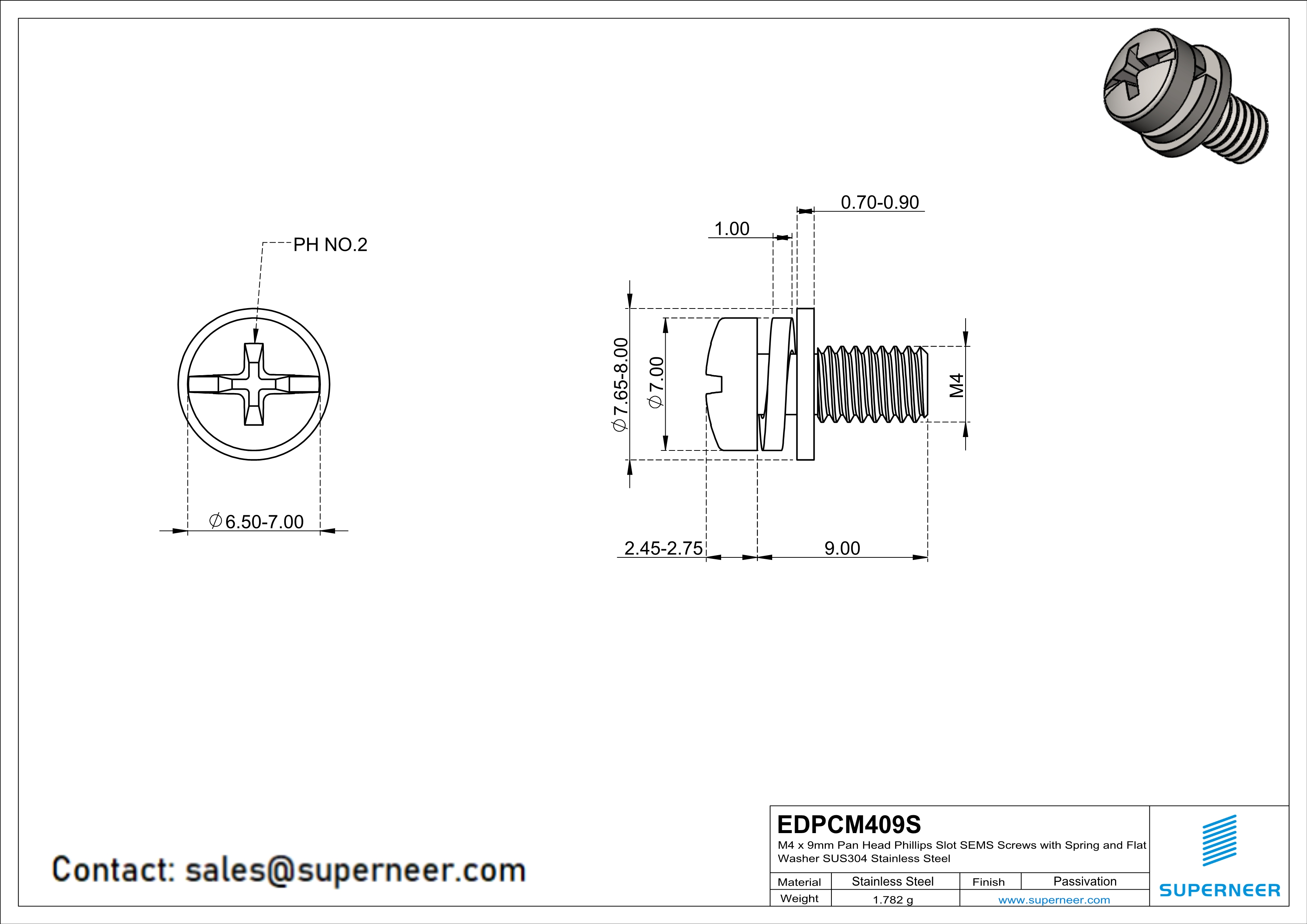 M4 x 9mm Pan Head Phillips Slot SEMS Screws with Spring and Flat Washer SUS304 Stainless Steel Inox