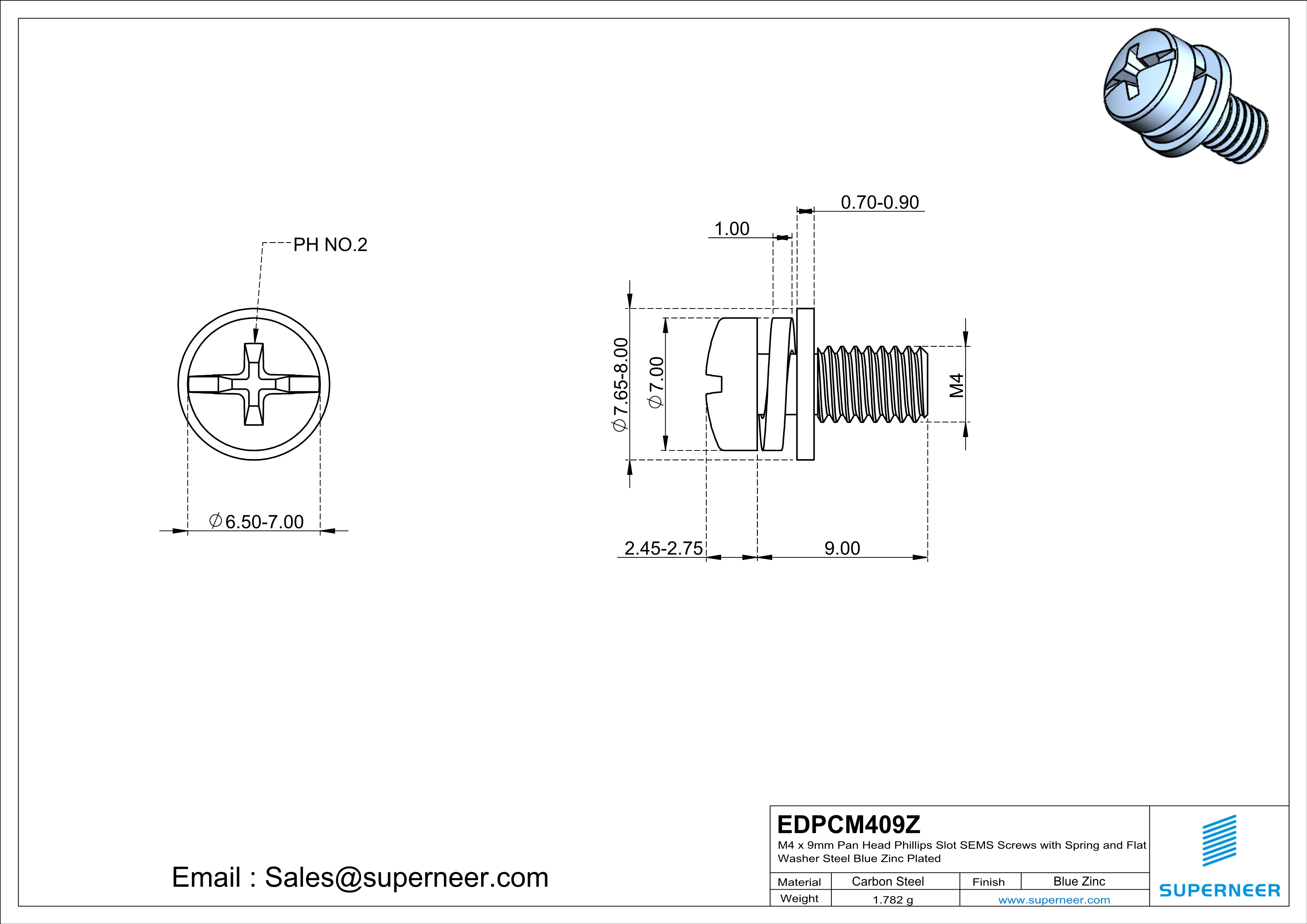 M4 x 9mm Pan Head Phillips Slot SEMS Screws with Spring and Flat Washer Steel Blue Zinc Plated