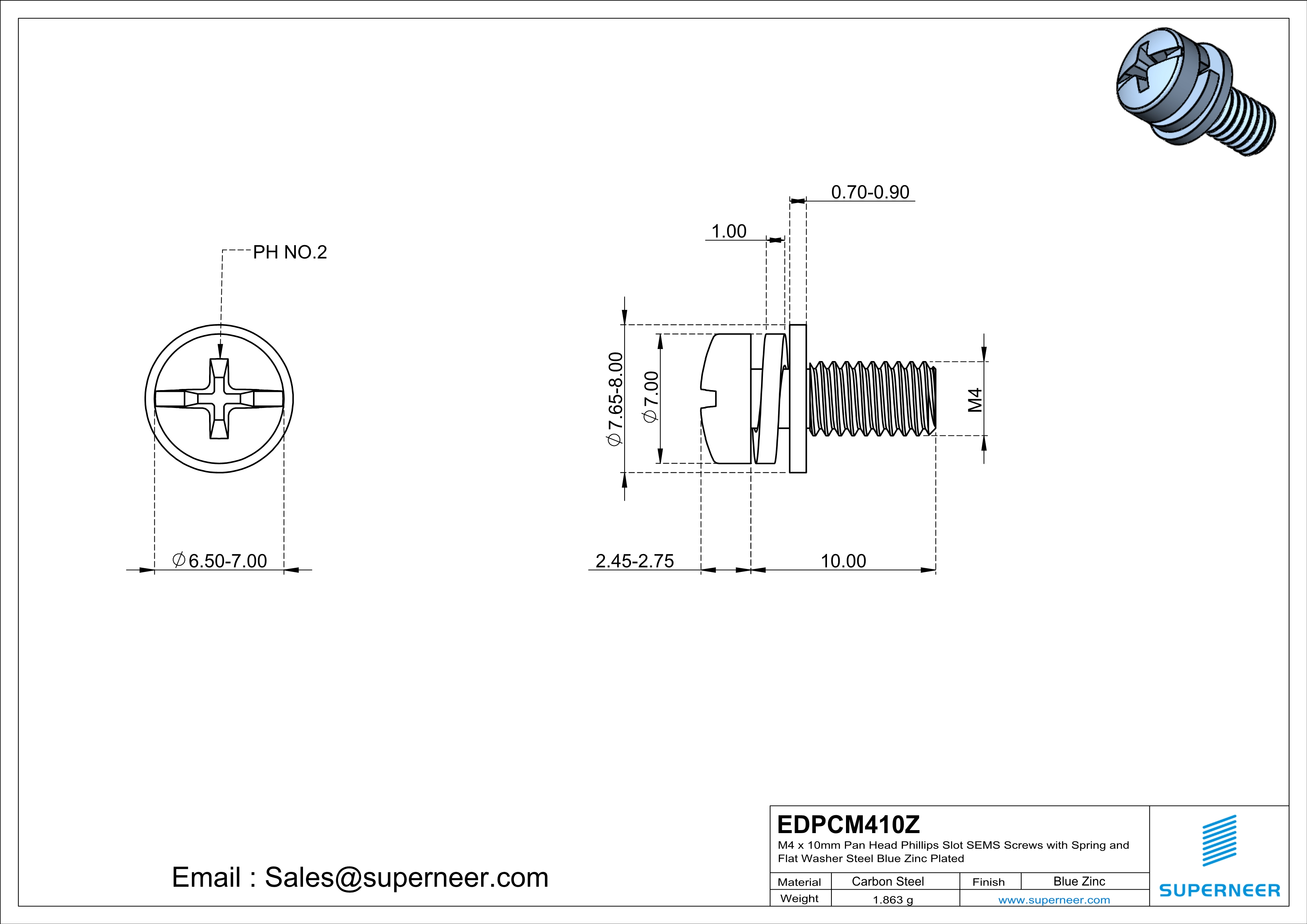 M4 x 10mm Pan Head Phillips Slot SEMS Screws with Spring and Flat Washer Steel Blue Zinc Plated