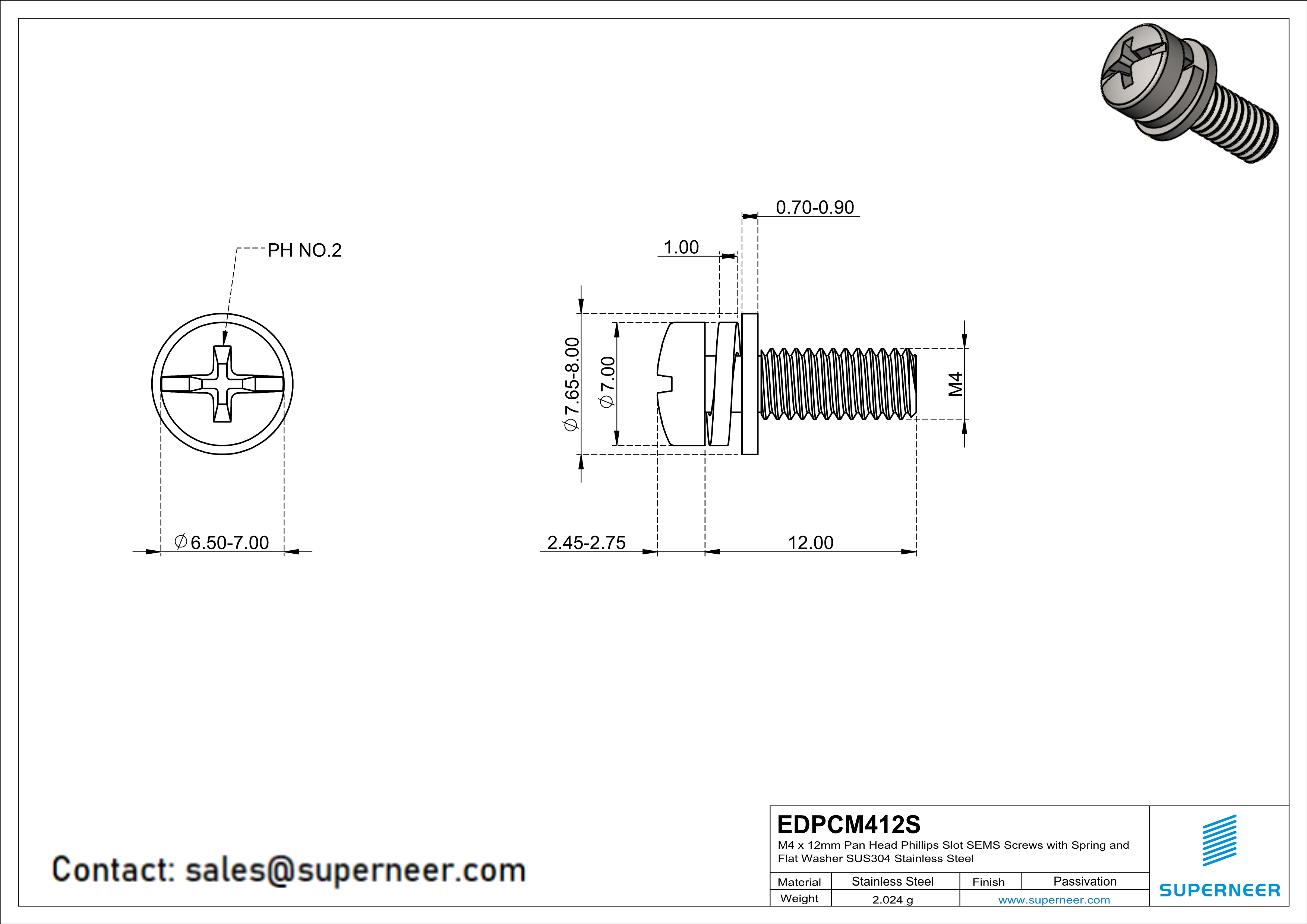 M4 x 12mm Pan Head Phillips Slot SEMS Screws with Spring and Flat Washer SUS304 Stainless Steel Inox