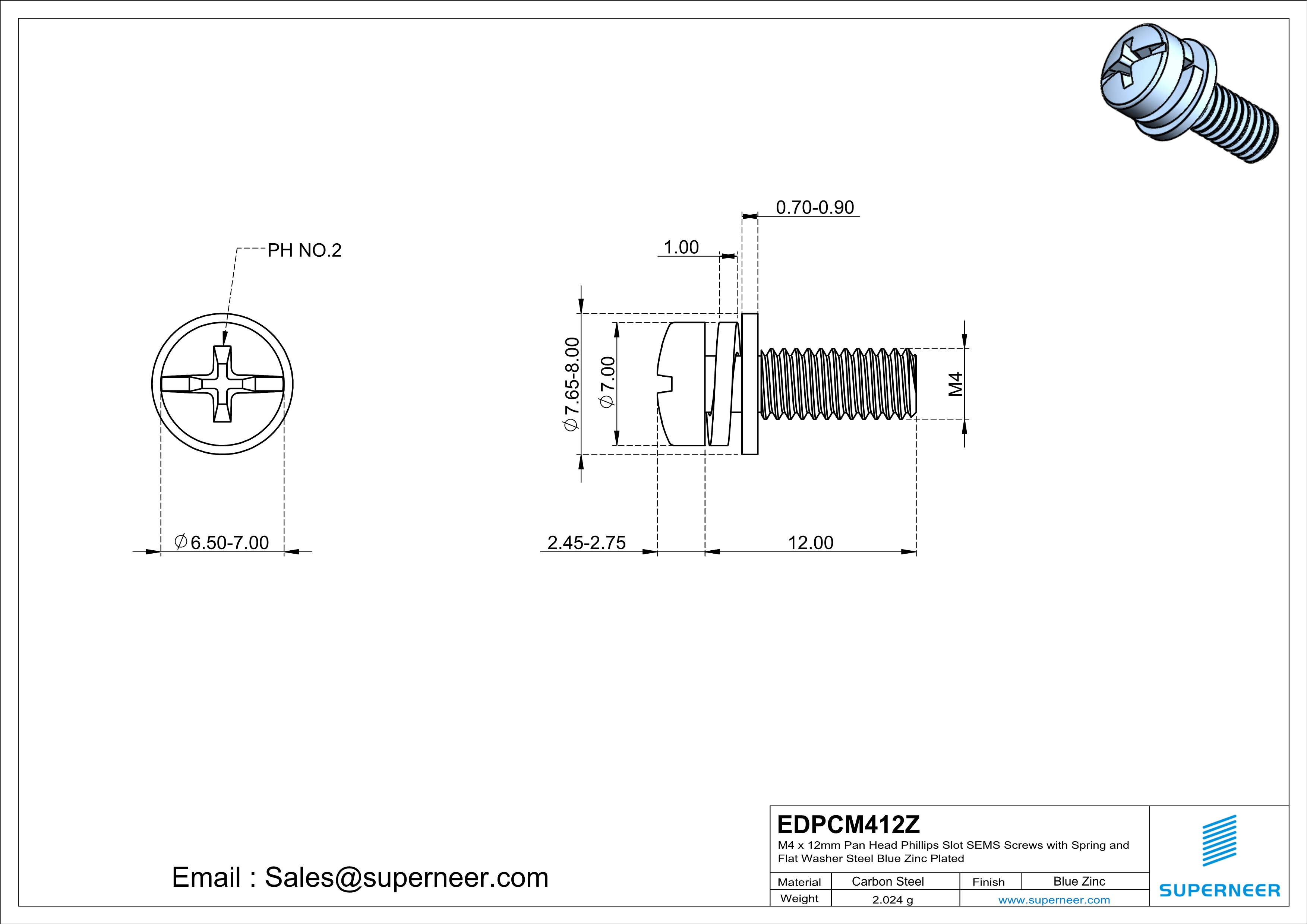 M4 x 12mm Pan Head Phillips Slot SEMS Screws with Spring and Flat Washer Steel Blue Zinc Plated