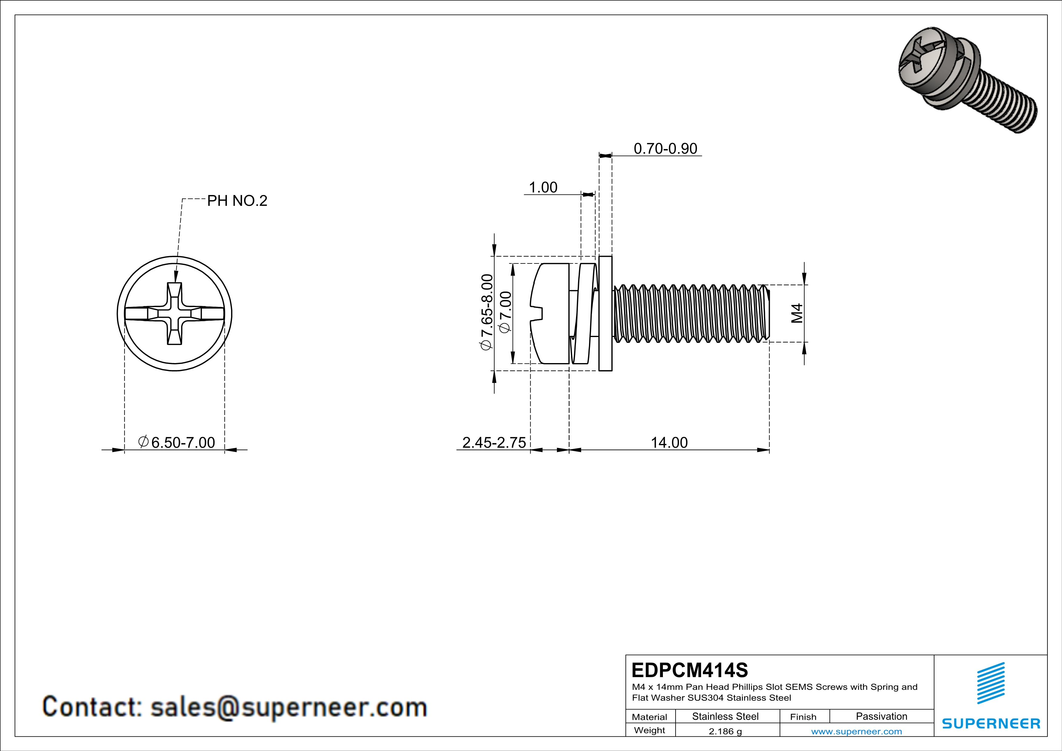 M4 x 14mm Pan Head Phillips Slot SEMS Screws with Spring and Flat Washer SUS304 Stainless Steel Inox