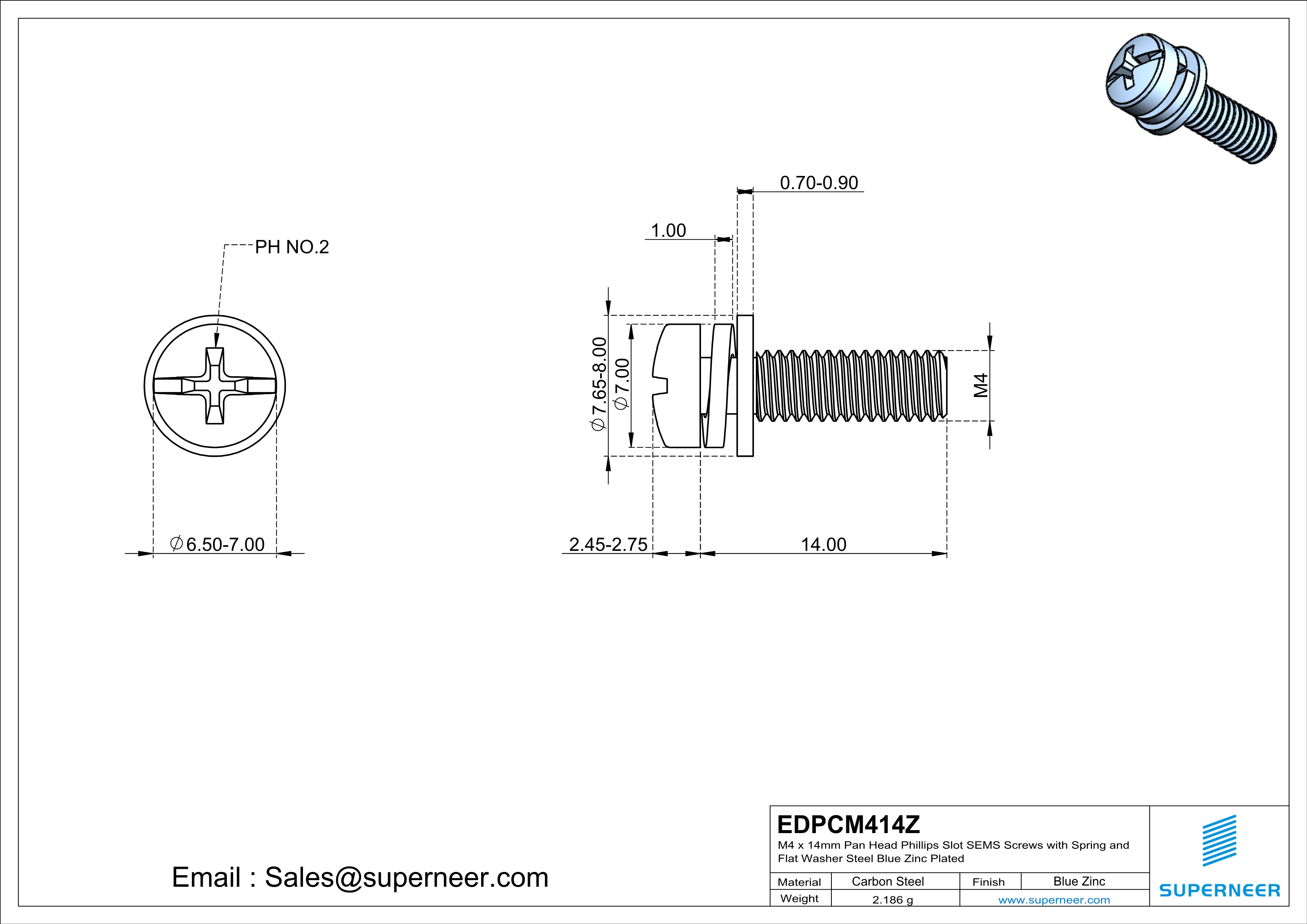 M4 x 14mm Pan Head Phillips Slot SEMS Screws with Spring and Flat Washer Steel Blue Zinc Plated