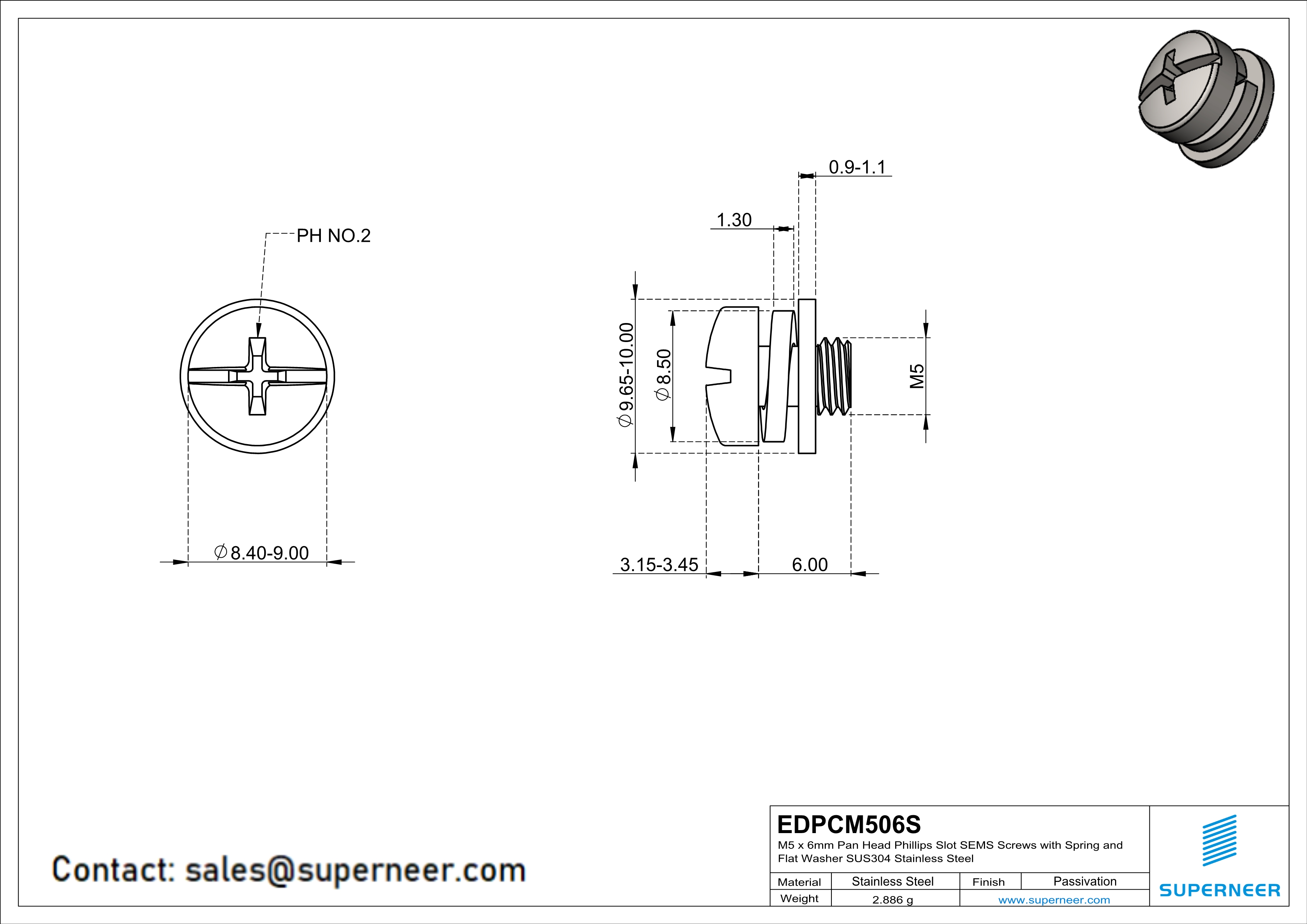 M5 x 6mm Pan Head Phillips Slot SEMS Screws with Spring and Flat Washer SUS304 Stainless Steel Inox