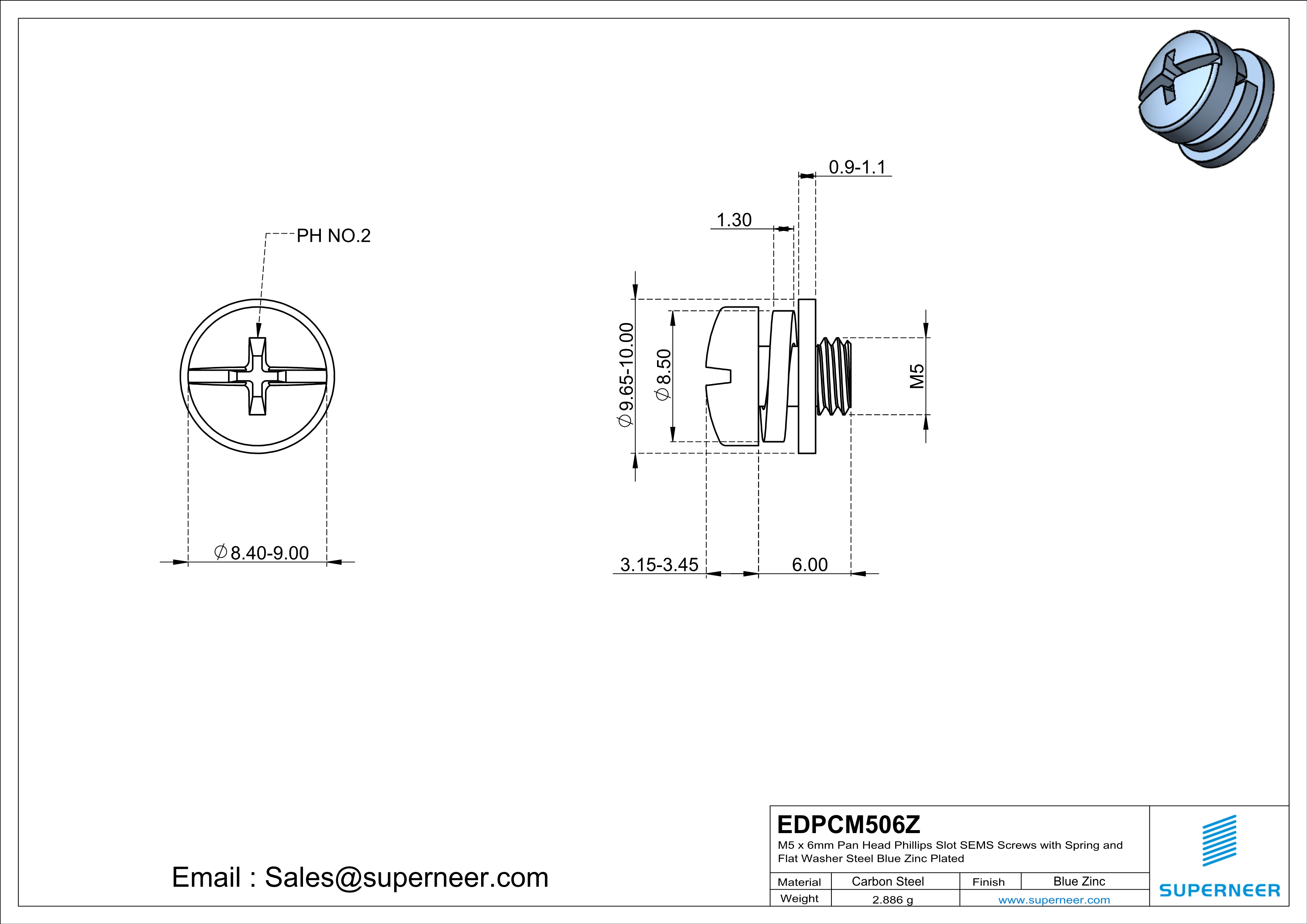 M5 x 6mm Pan Head Phillips Slot SEMS Screws with Spring and Flat Washer Steel Blue Zinc Plated