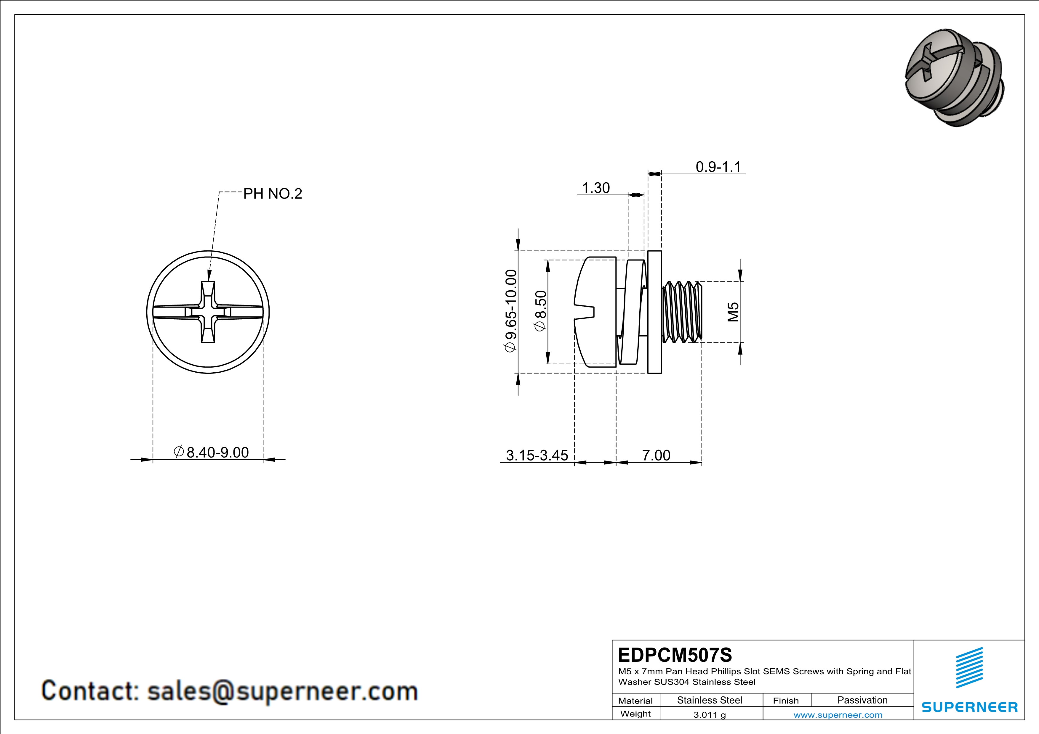 M5 x 7mm Pan Head Phillips Slot SEMS Screws with Spring and Flat Washer SUS304 Stainless Steel Inox