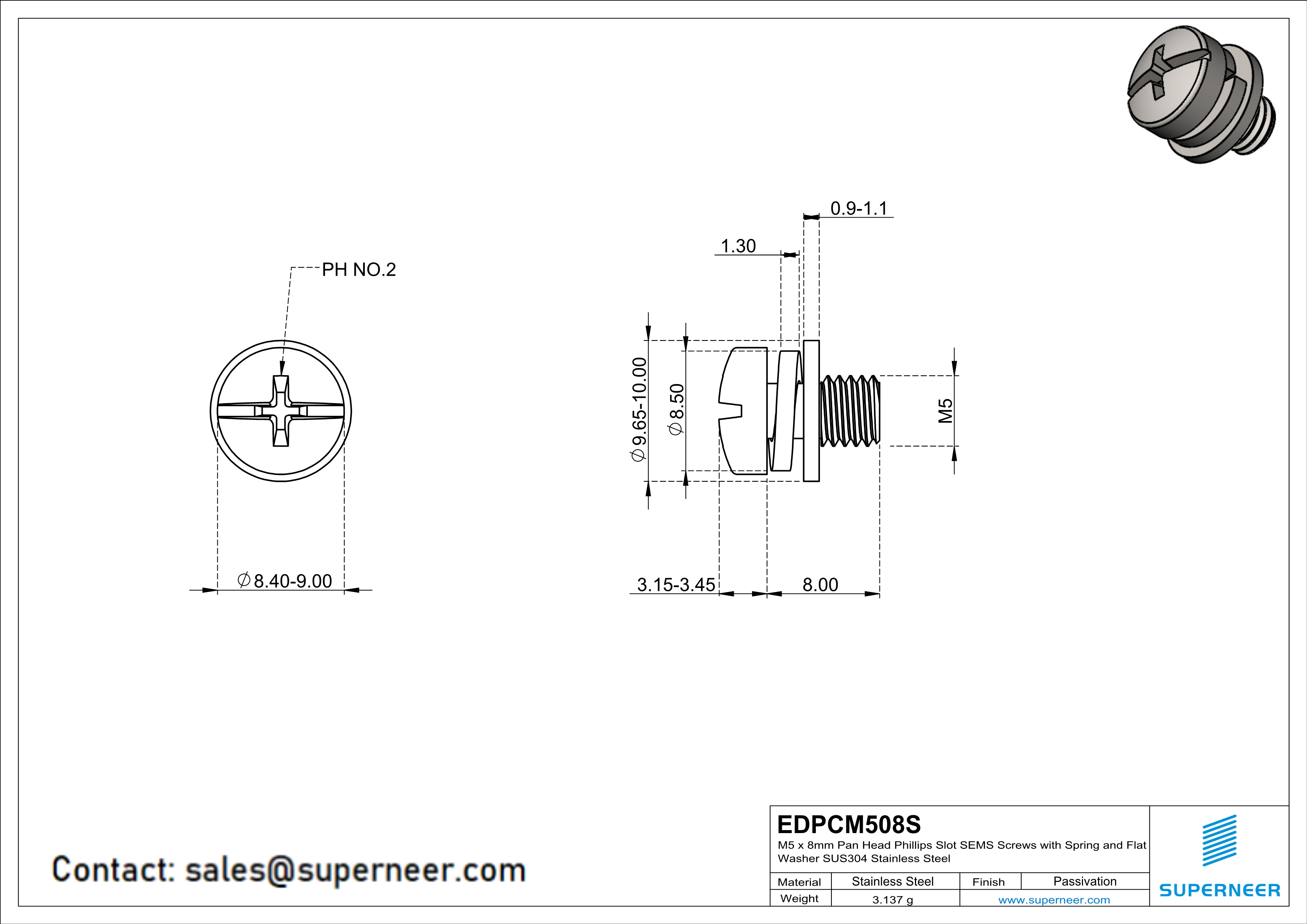 M5 x 8mm Pan Head Phillips Slot SEMS Screws with Spring and Flat Washer SUS304 Stainless Steel Inox