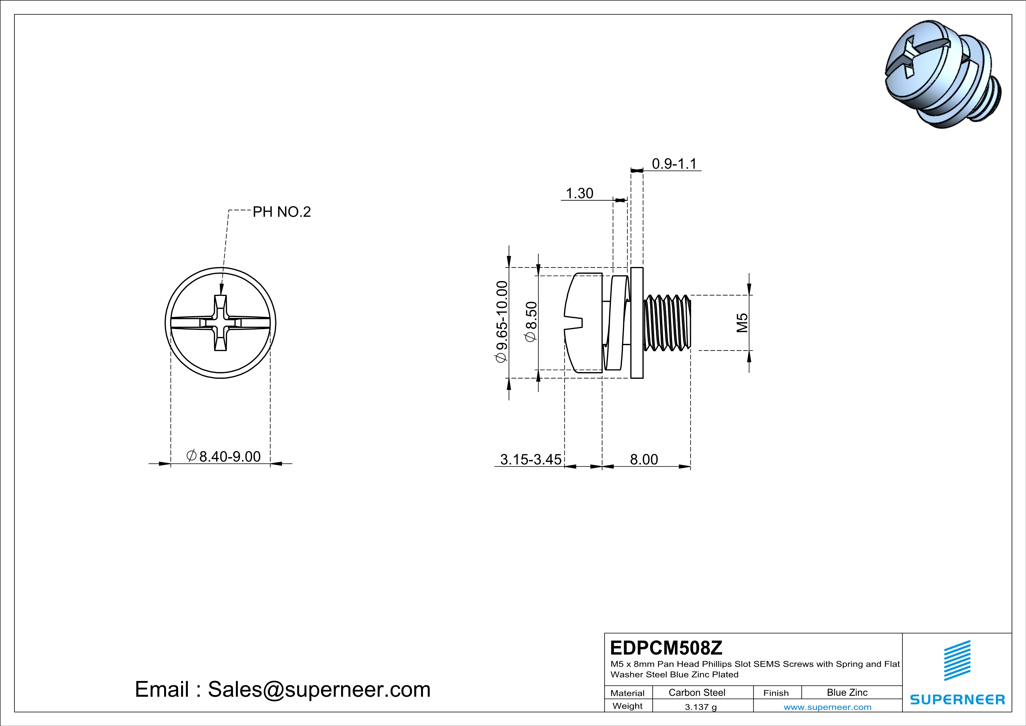 M5 x 8mm Pan Head Phillips Slot SEMS Screws with Spring and Flat Washer Steel Blue Zinc Plated