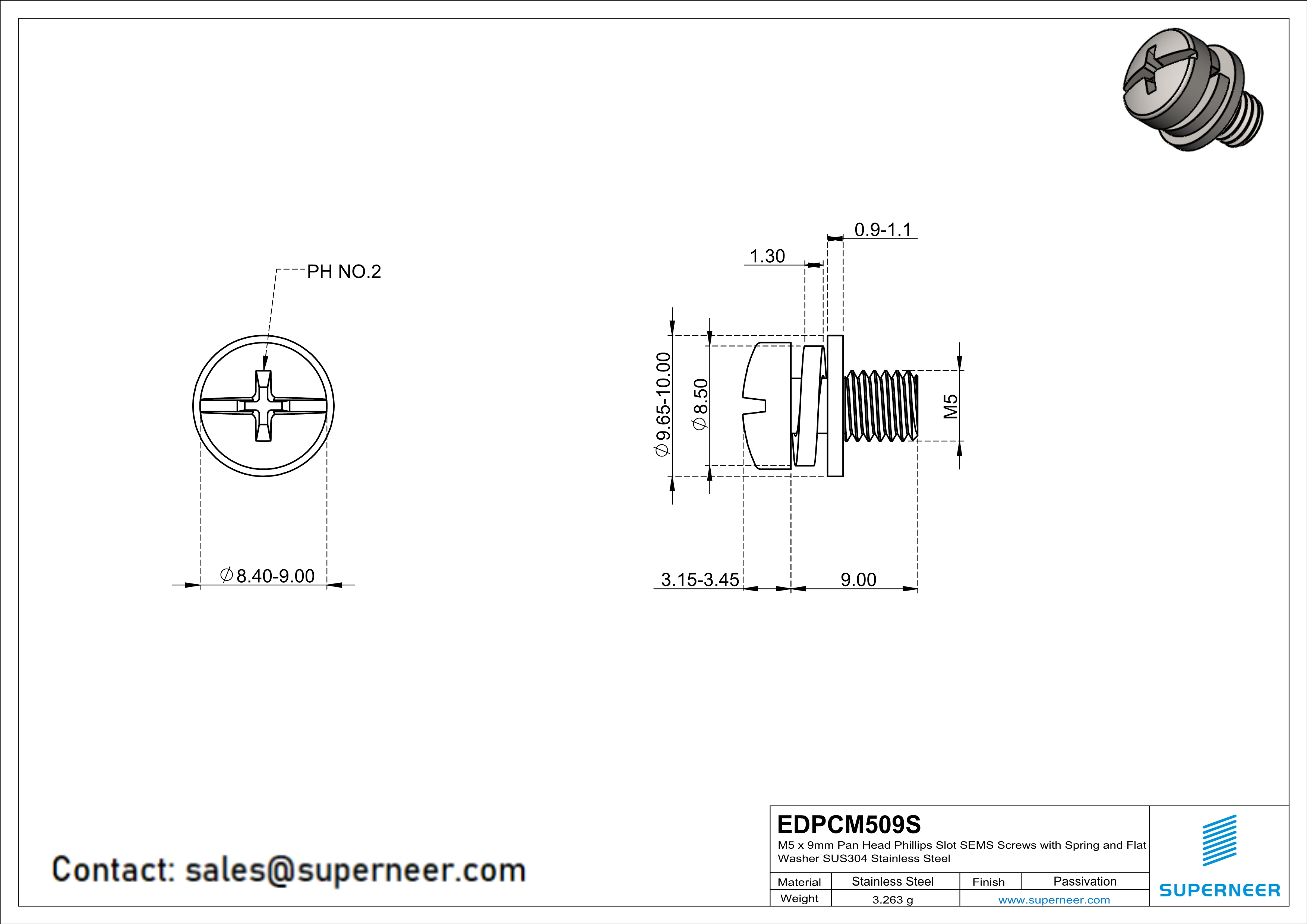 M5 x 9mm Pan Head Phillips Slot SEMS Screws with Spring and Flat Washer SUS304 Stainless Steel Inox