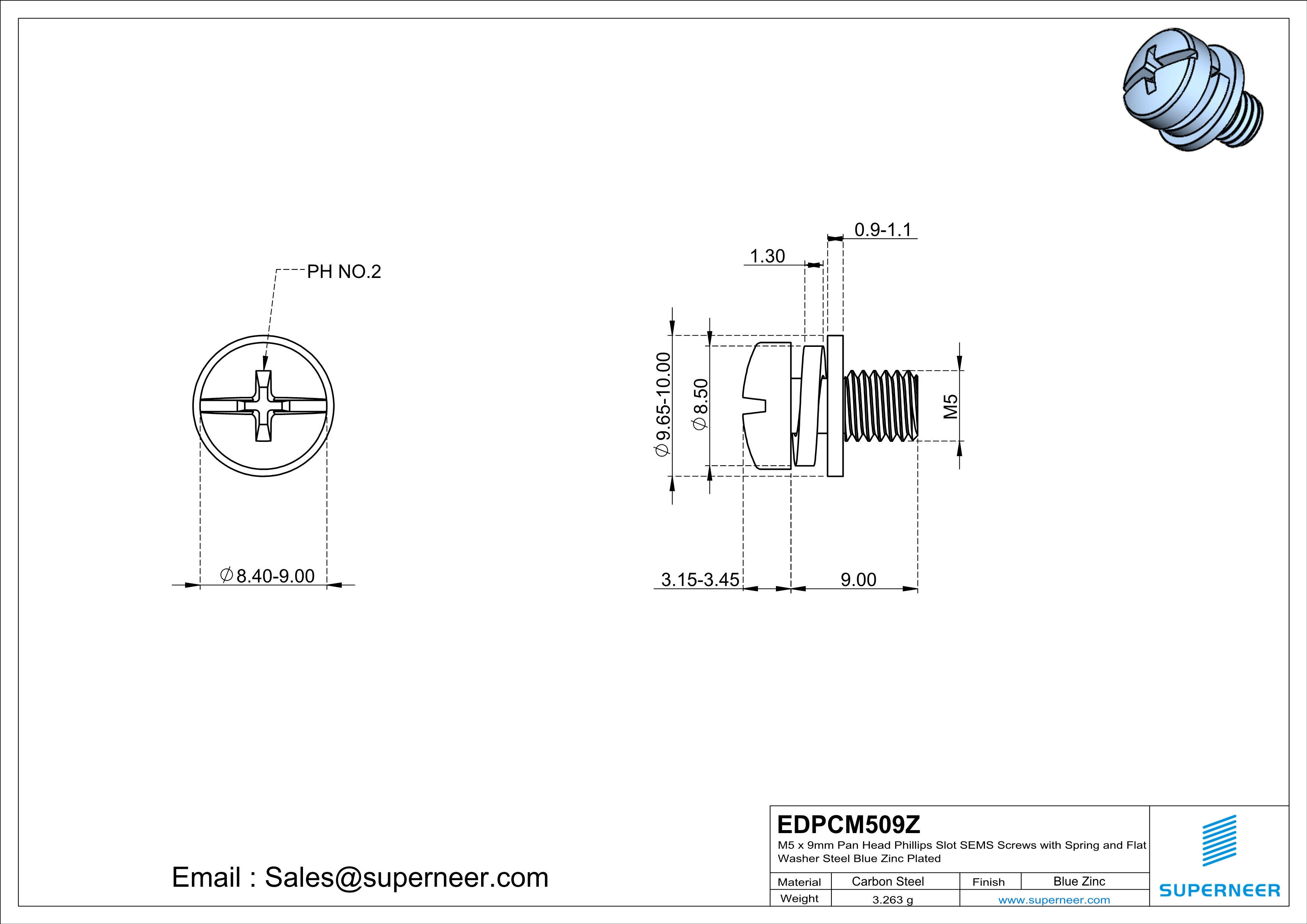 M5 x 9mm Pan Head Phillips Slot SEMS Screws with Spring and Flat Washer Steel Blue Zinc Plated