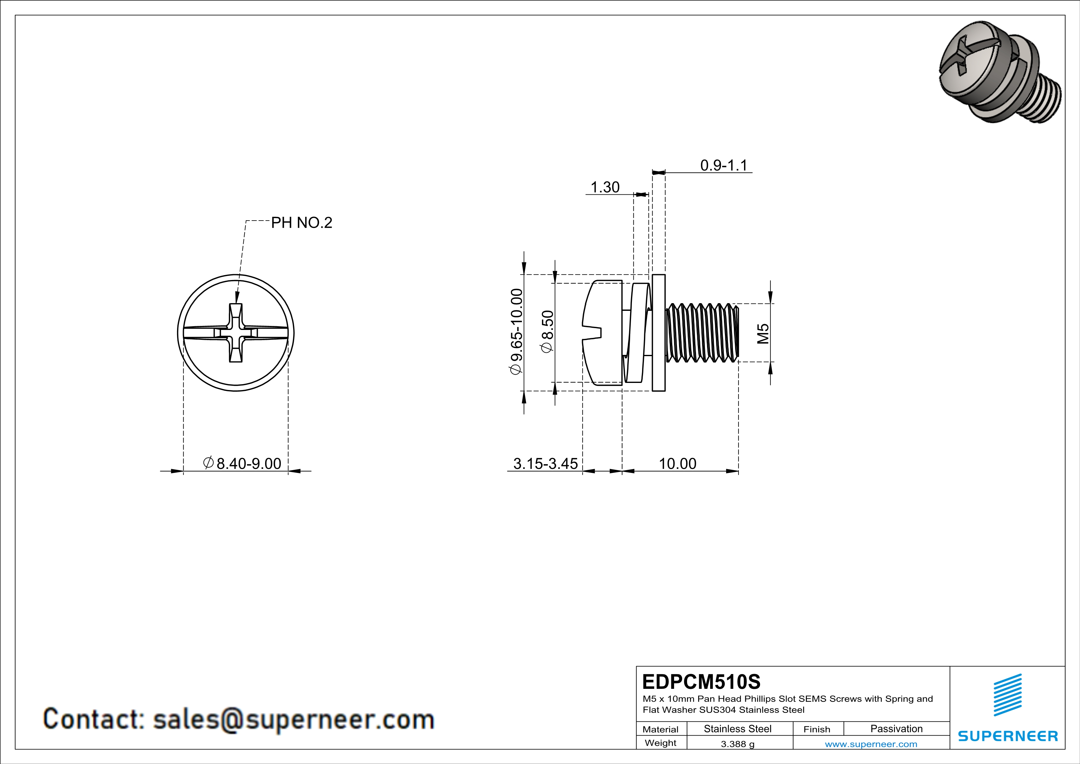 M5 x 10mm Pan Head Phillips Slot SEMS Screws with Spring and Flat Washer SUS304 Stainless Steel Inox