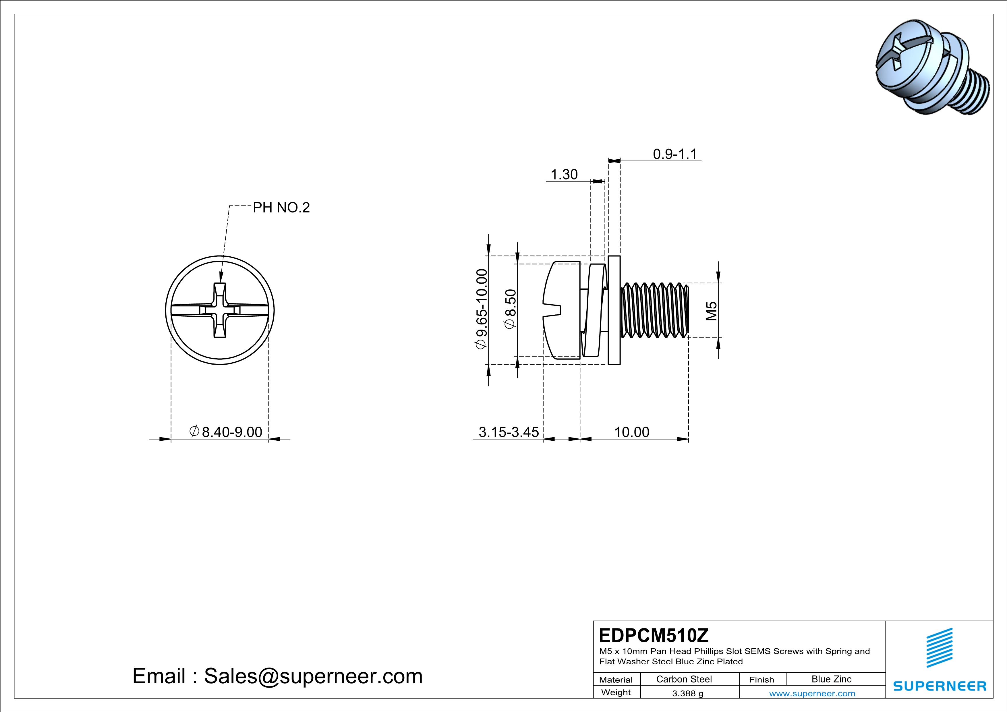 M5 x 10mm Pan Head Phillips Slot SEMS Screws with Spring and Flat Washer Steel Blue Zinc Plated