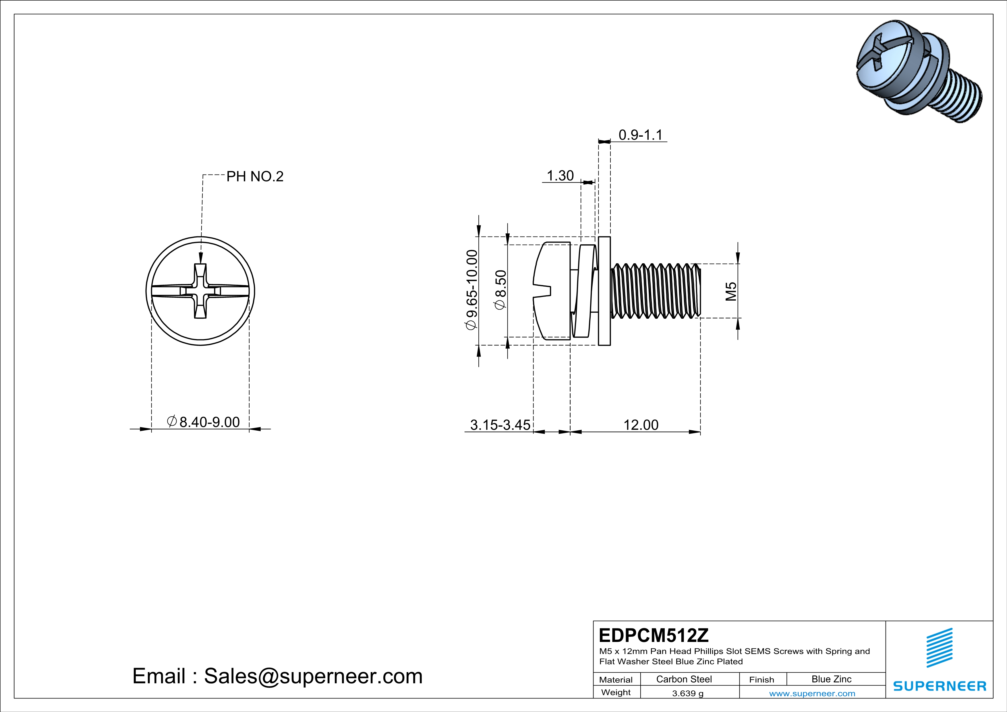 M5 x 12mm Pan Head Phillips Slot SEMS Screws with Spring and Flat Washer Steel Blue Zinc Plated