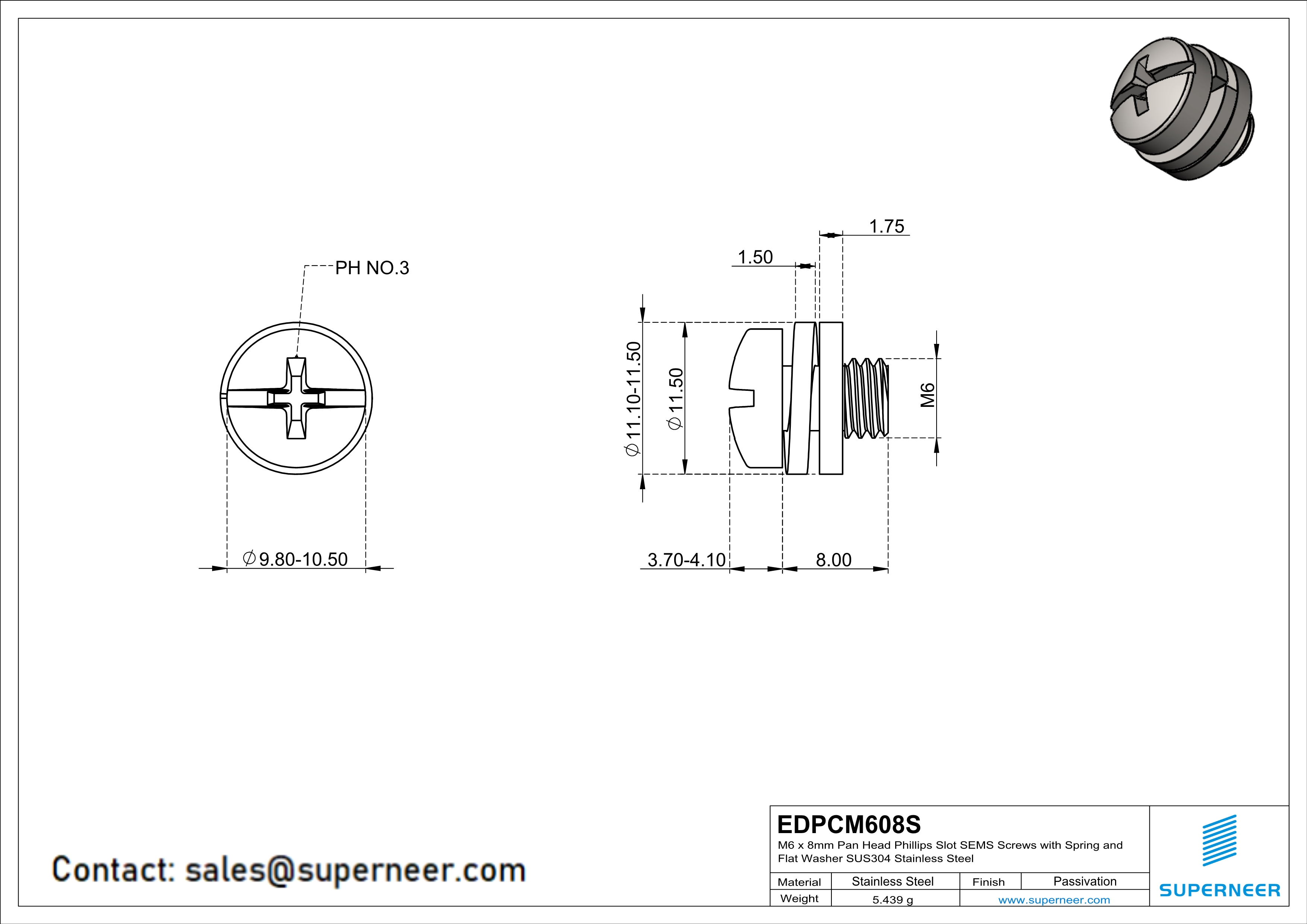 M6 x 8mm Pan Head Phillips Slot SEMS Screws with Spring and Flat Washer SUS304 Stainless Steel Inox