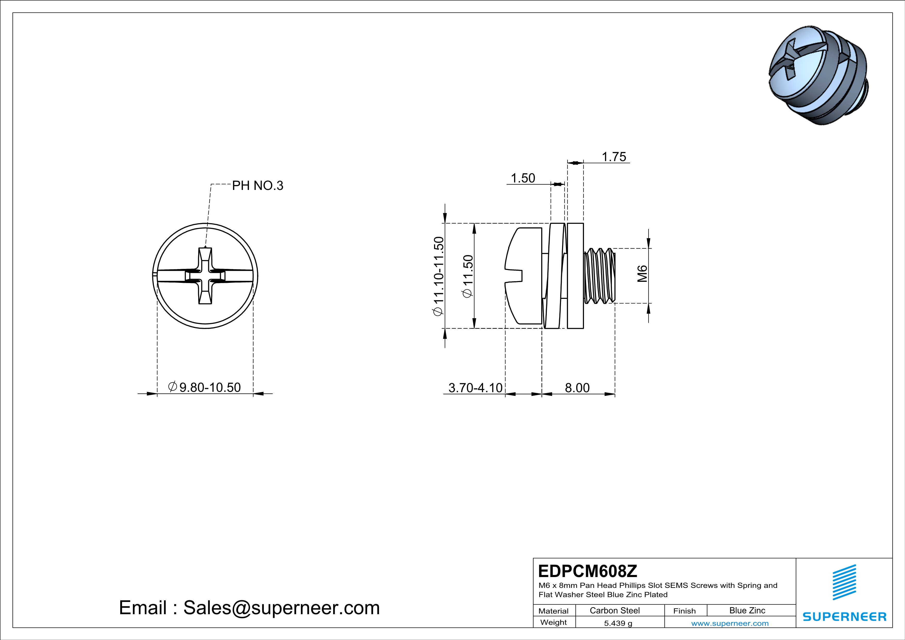 M6 x 8mm Pan Head Phillips Slot SEMS Screws with Spring and Flat Washer Steel Blue Zinc Plated