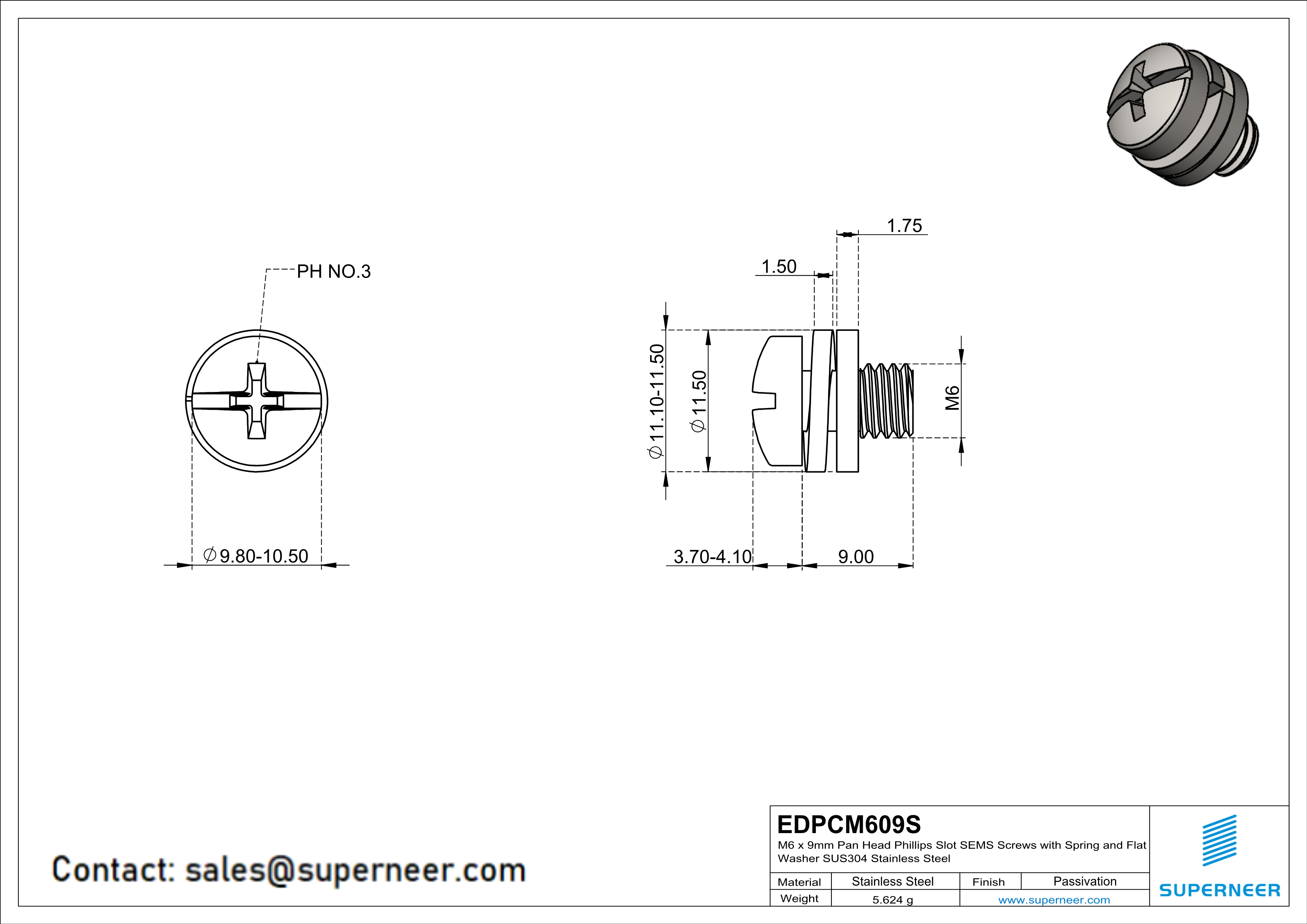 M6 x 9mm Pan Head Phillips Slot SEMS Screws with Spring and Flat Washer SUS304 Stainless Steel Inox