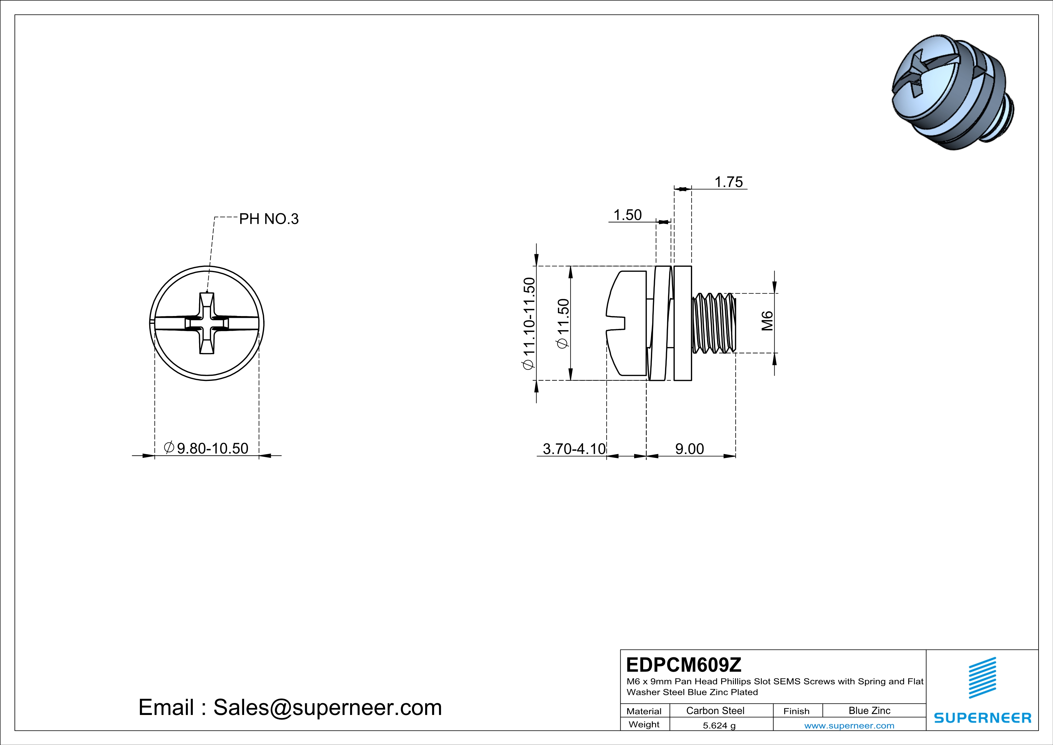 M6 x 9mm Pan Head Phillips Slot SEMS Screws with Spring and Flat Washer Steel Blue Zinc Plated