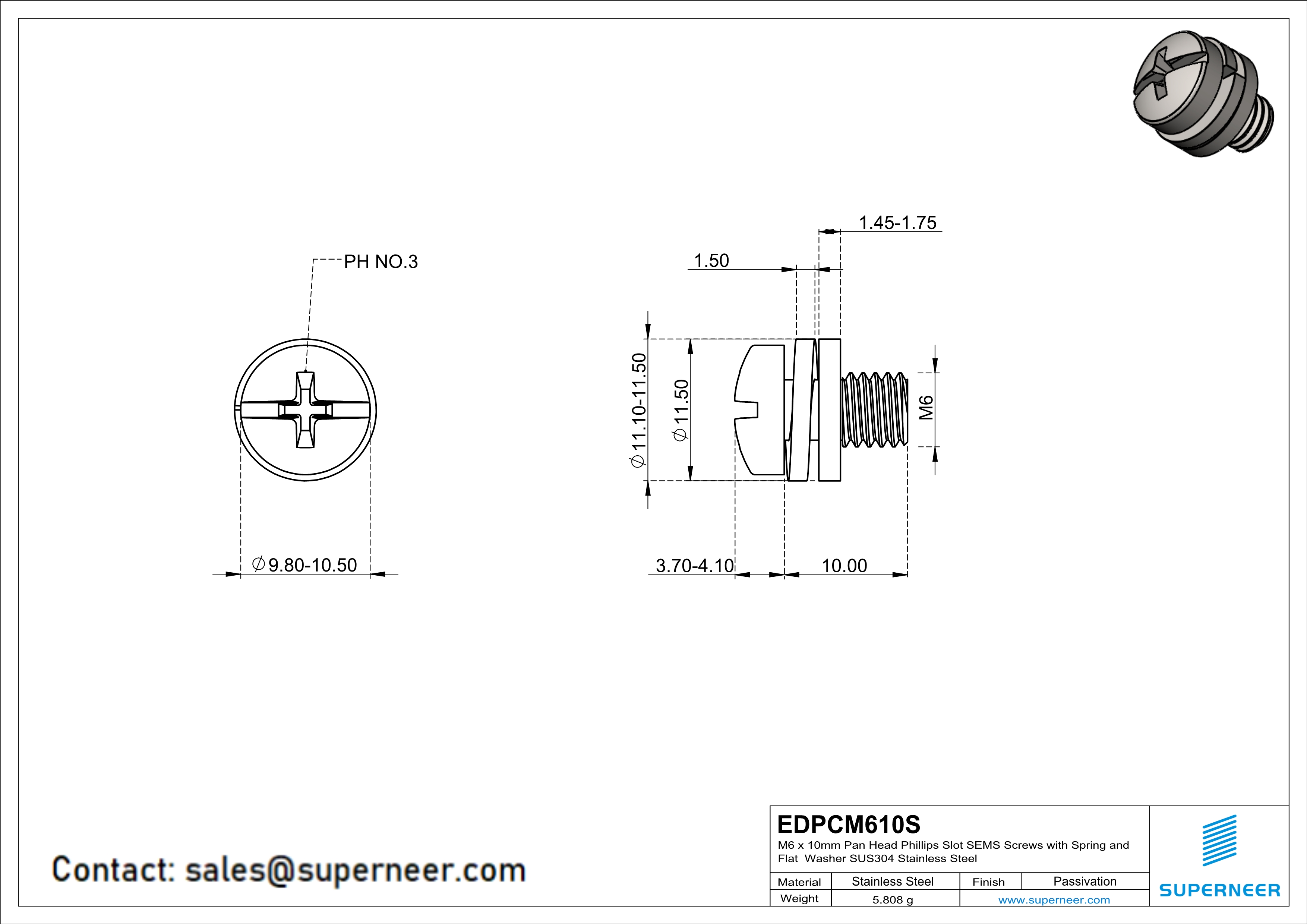 M6 x 10mm Pan Head Phillips Slot SEMS Screws with Spring and Flat Washer SUS304 Stainless Steel Inox