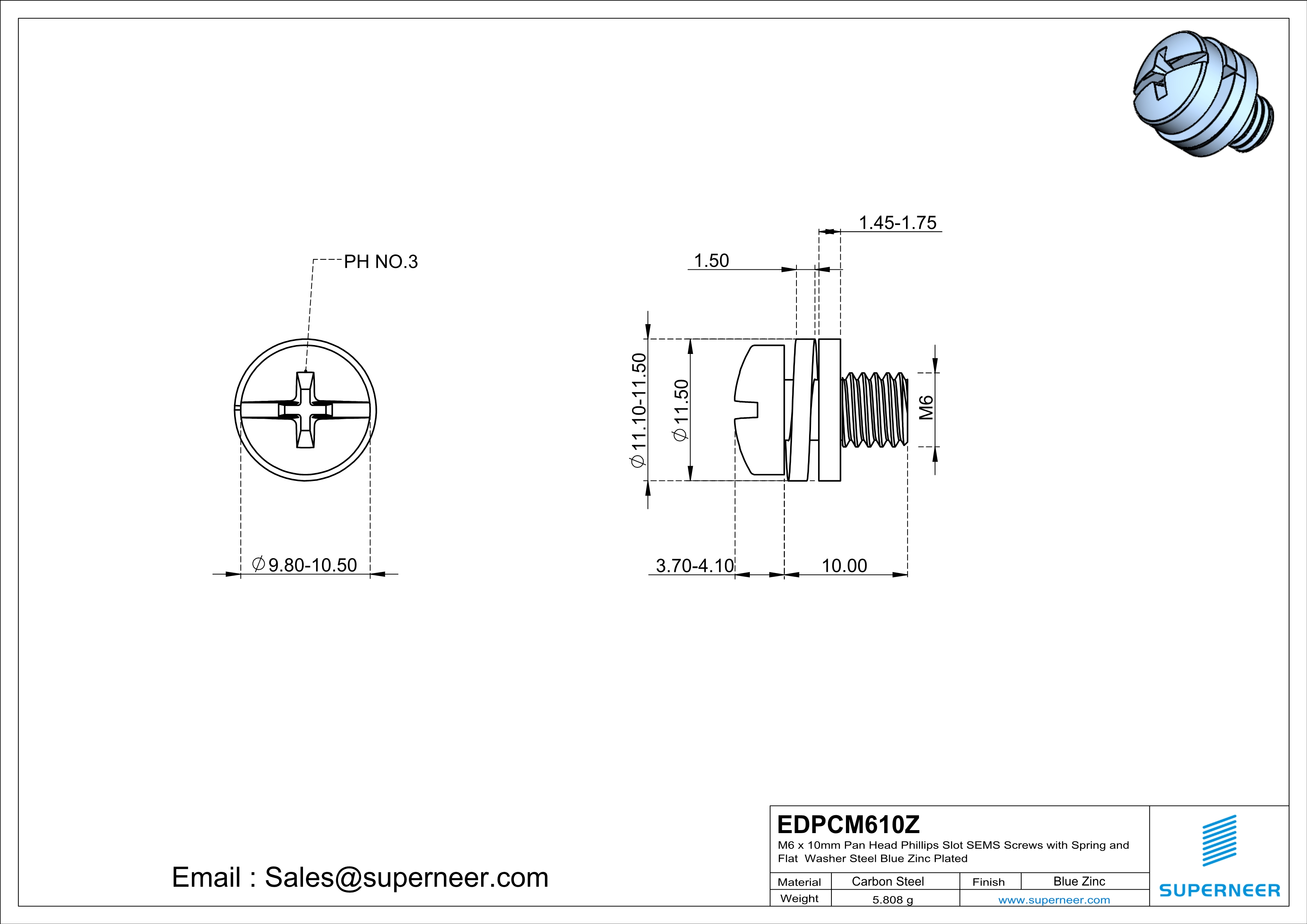 M6 x 10mm Pan Head Phillips Slot SEMS Screws with Spring and Flat Washer Steel Blue Zinc Plated