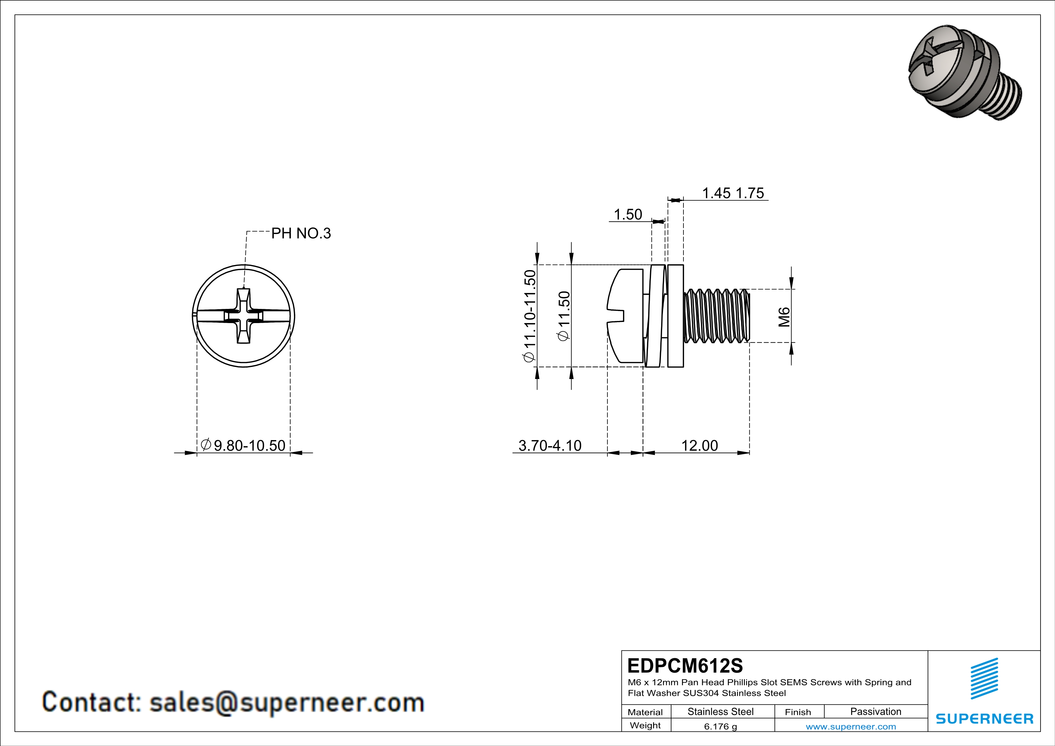 M6 x 12mm Pan Head Phillips Slot SEMS Screws with Spring and Flat Washer SUS304 Stainless Steel Inox