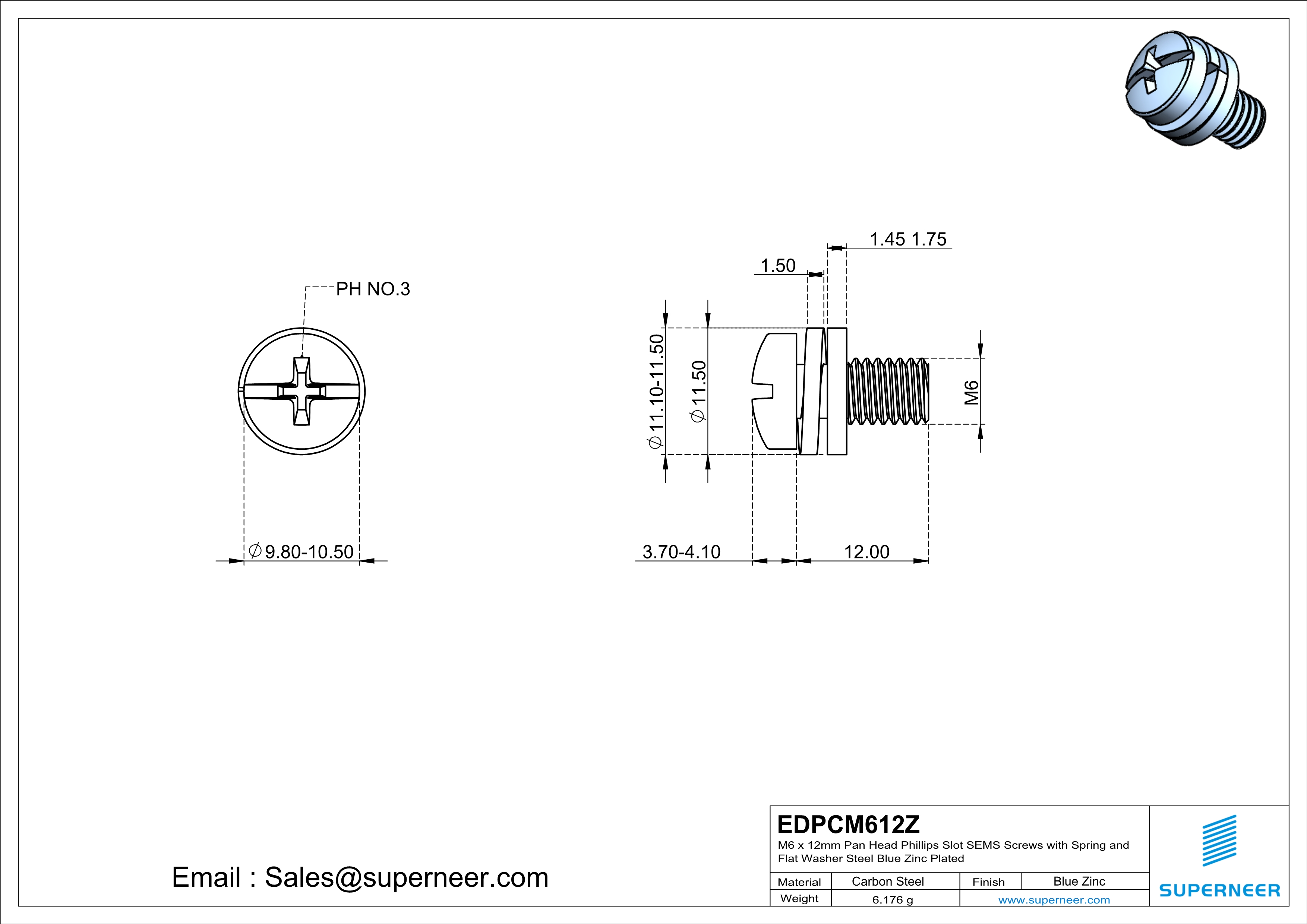 M6 x 12mm Pan Head Phillips Slot SEMS Screws with Spring and Flat Washer Steel Blue Zinc Plated