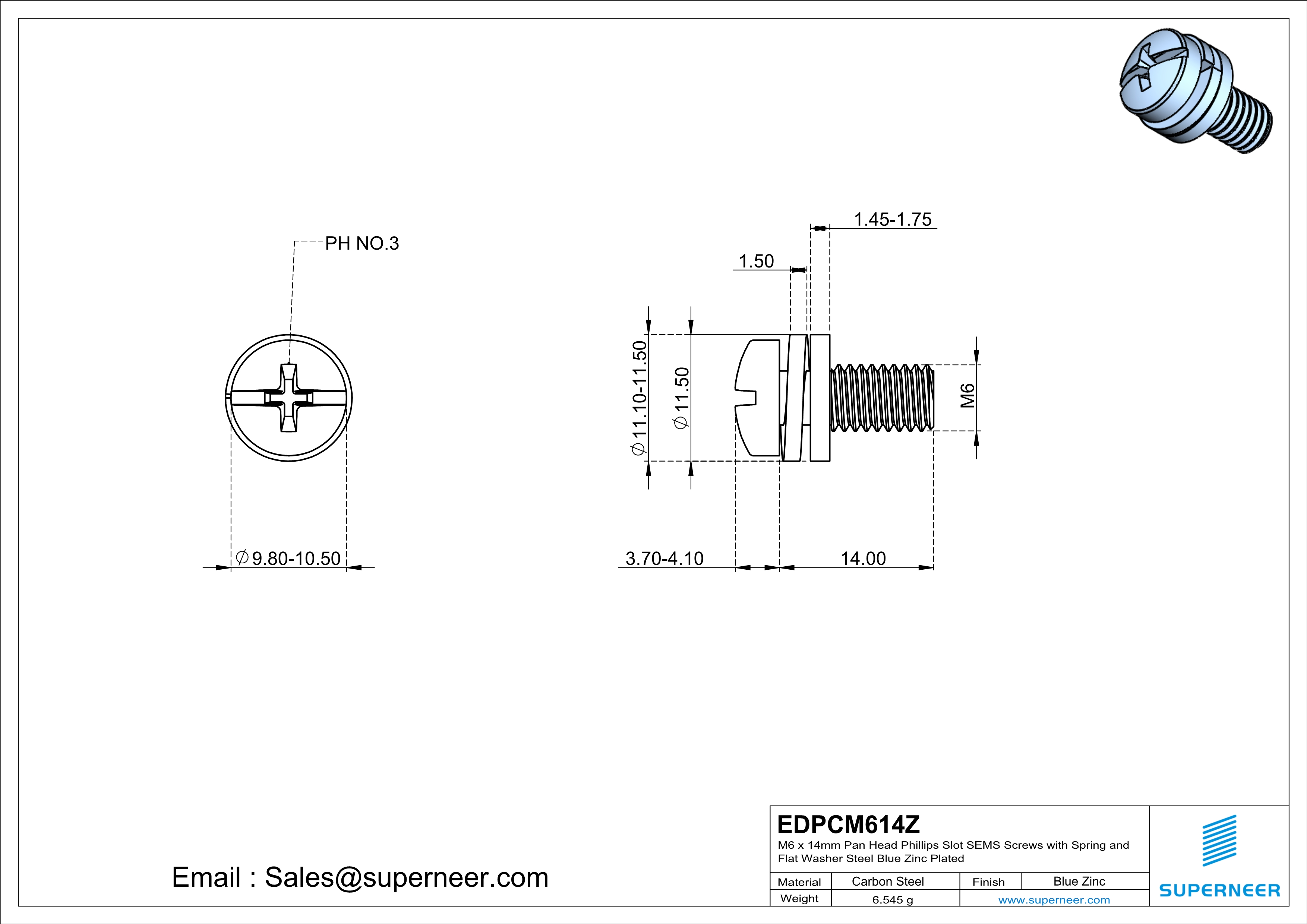 M6 x 14mm Pan Head Phillips Slot SEMS Screws with Spring and Flat Washer Steel Blue Zinc Plated