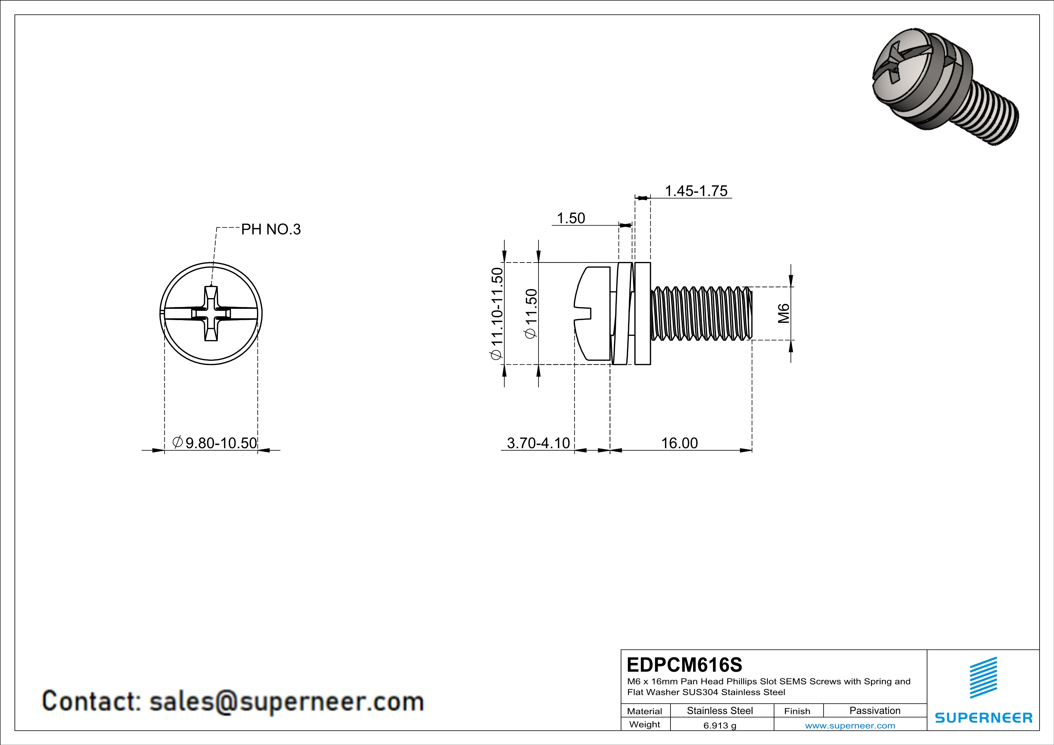 M6 x 16mm Pan Head Phillips Slot SEMS Screws with Spring and Flat Washer SUS304 Stainless Steel Inox