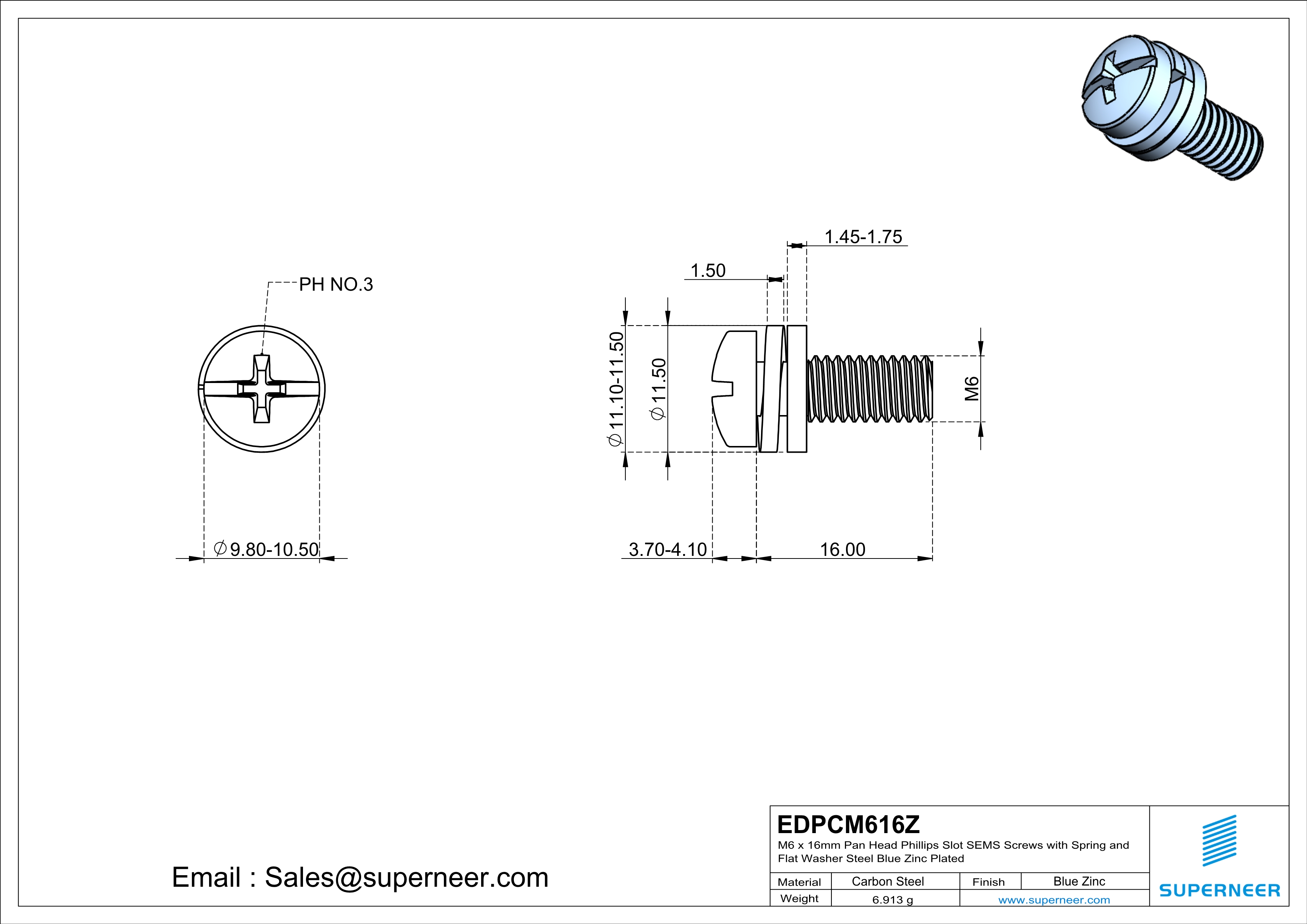 M6 x 16mm Pan Head Phillips Slot SEMS Screws with Spring and Flat Washer Steel Blue Zinc Plated