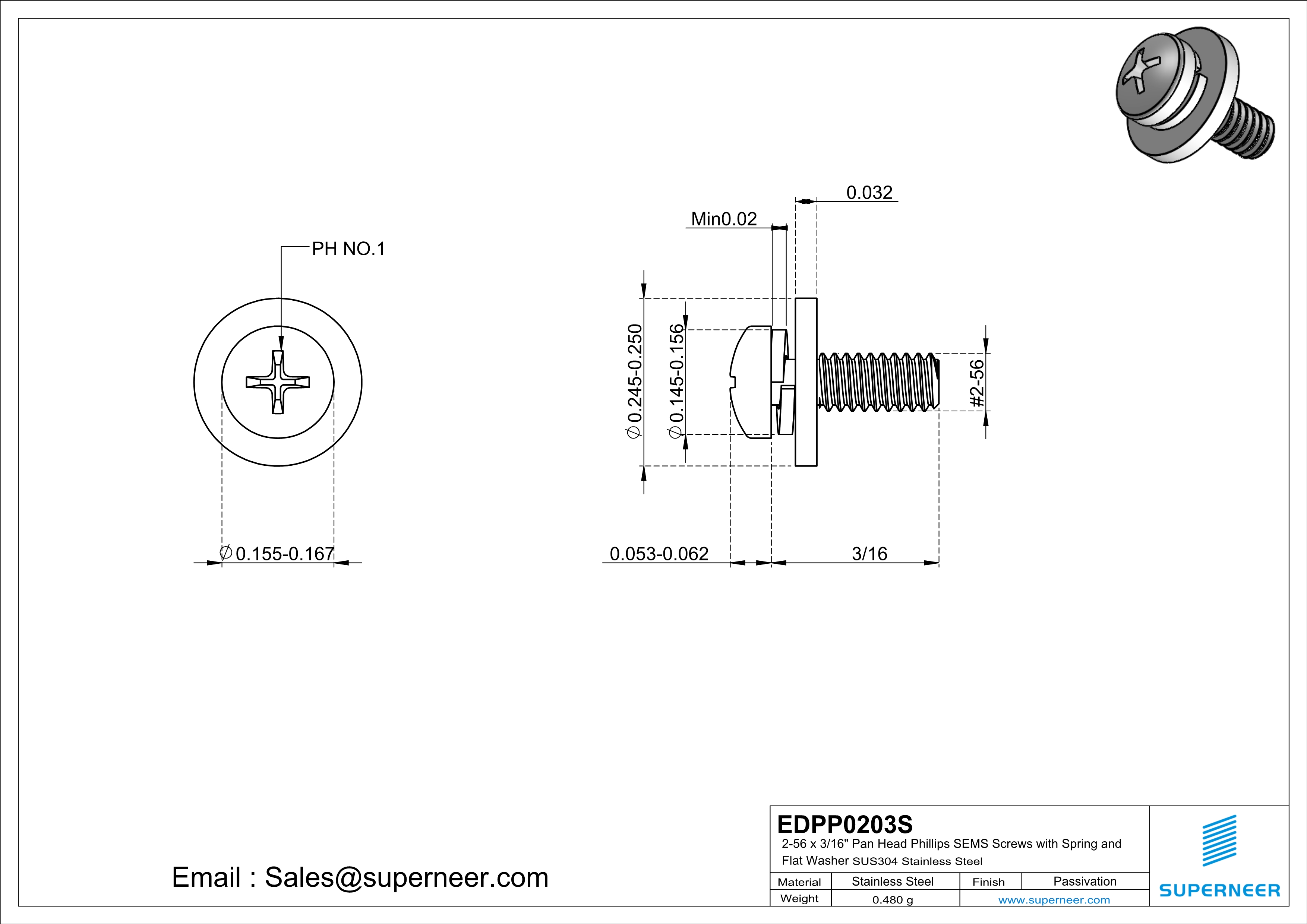 2-56 x 3/16" Pan Head Phillips SEMS Screws with Spring and Flat Washer SUS304 Stainless Steel Inox