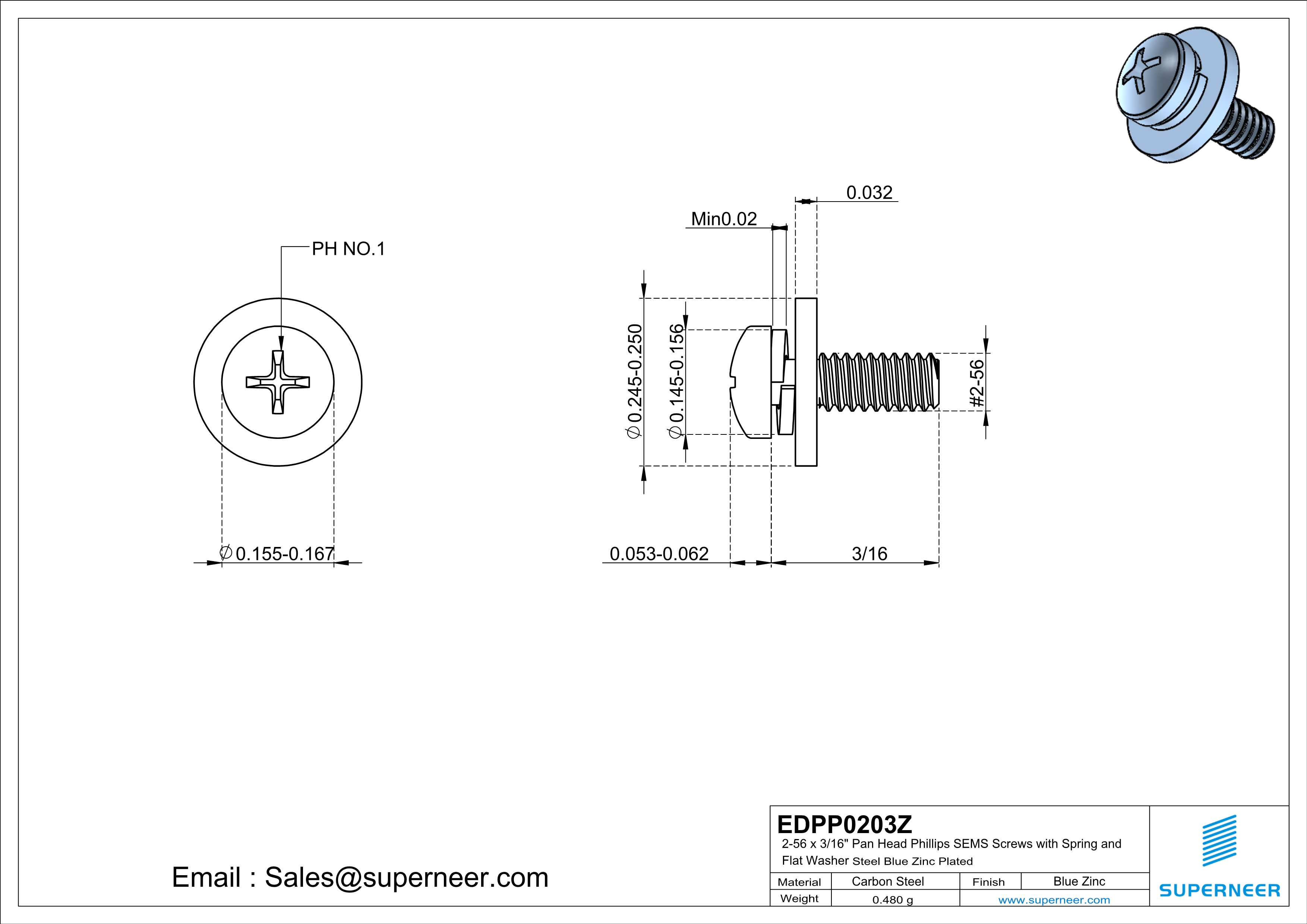 2-56 x 3/16" Pan Head Phillips SEMS Screws with Spring and Flat Washer Steel Blue Zinc Plated