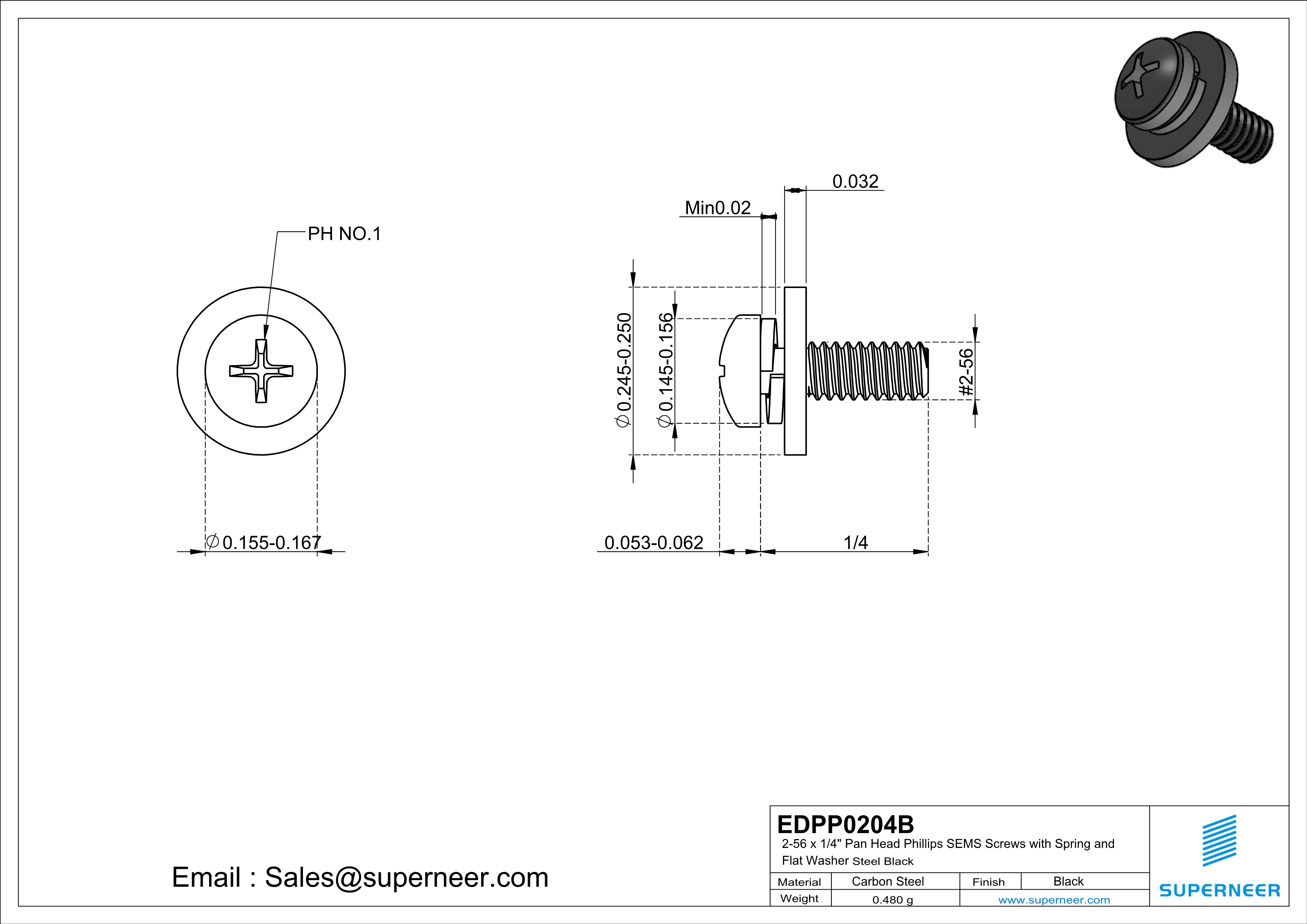 2-56 x 1/4" Pan Head Phillips SEMS Screws with Spring and Flat Washer Steel Black