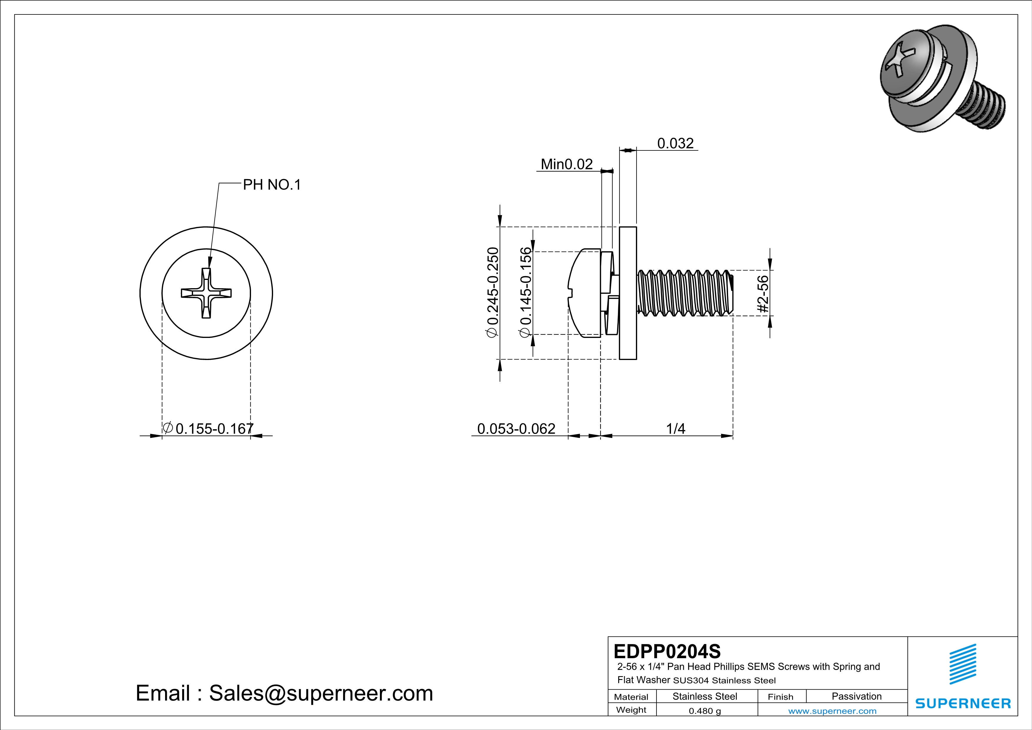 2-56 x 1/4" Pan Head Phillips SEMS Screws with Spring and Flat Washer SUS304 Stainless Steel Inox