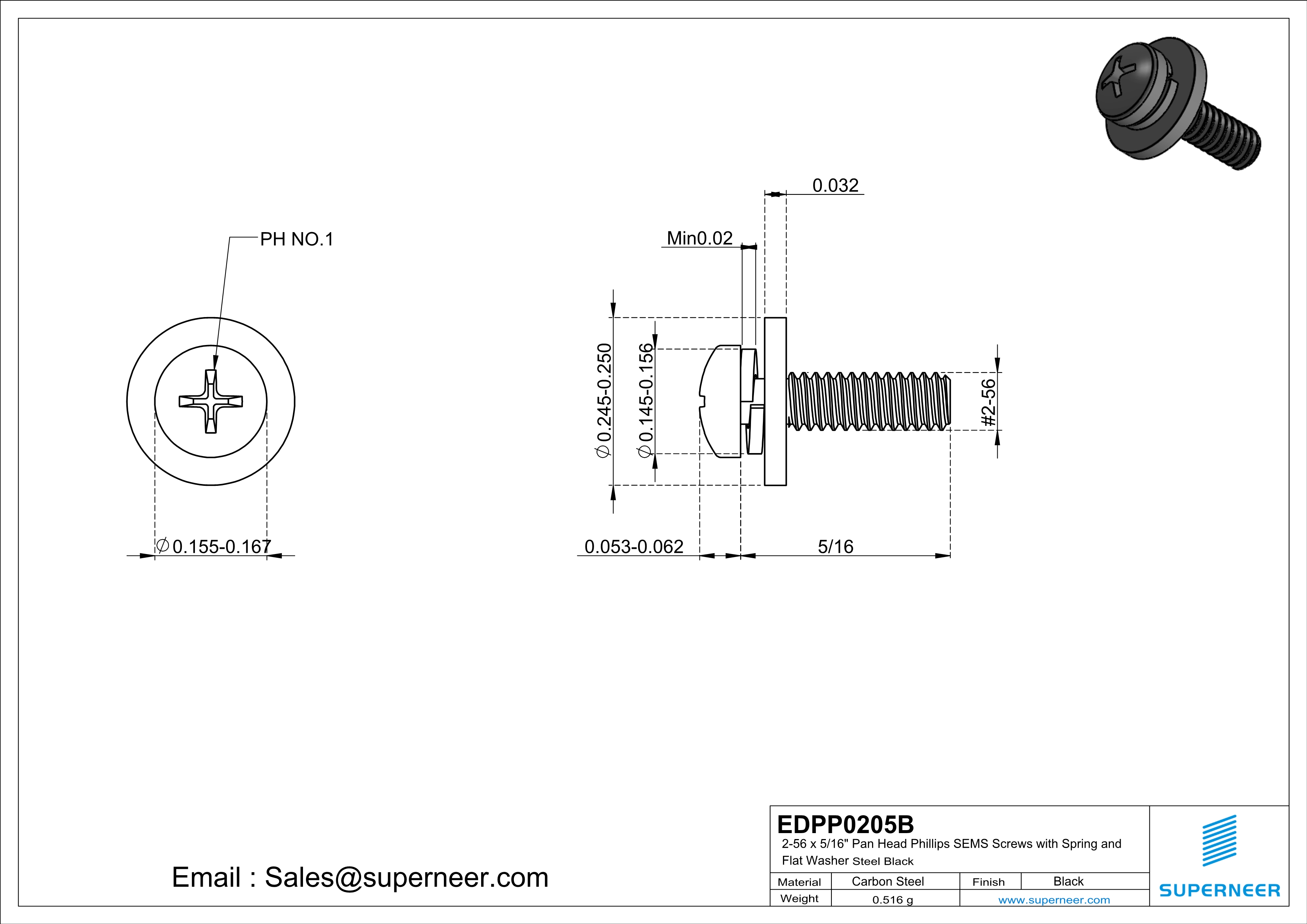 2-56 x 5/16" Pan Head Phillips SEMS Screws with Spring and Flat Washer Steel Black