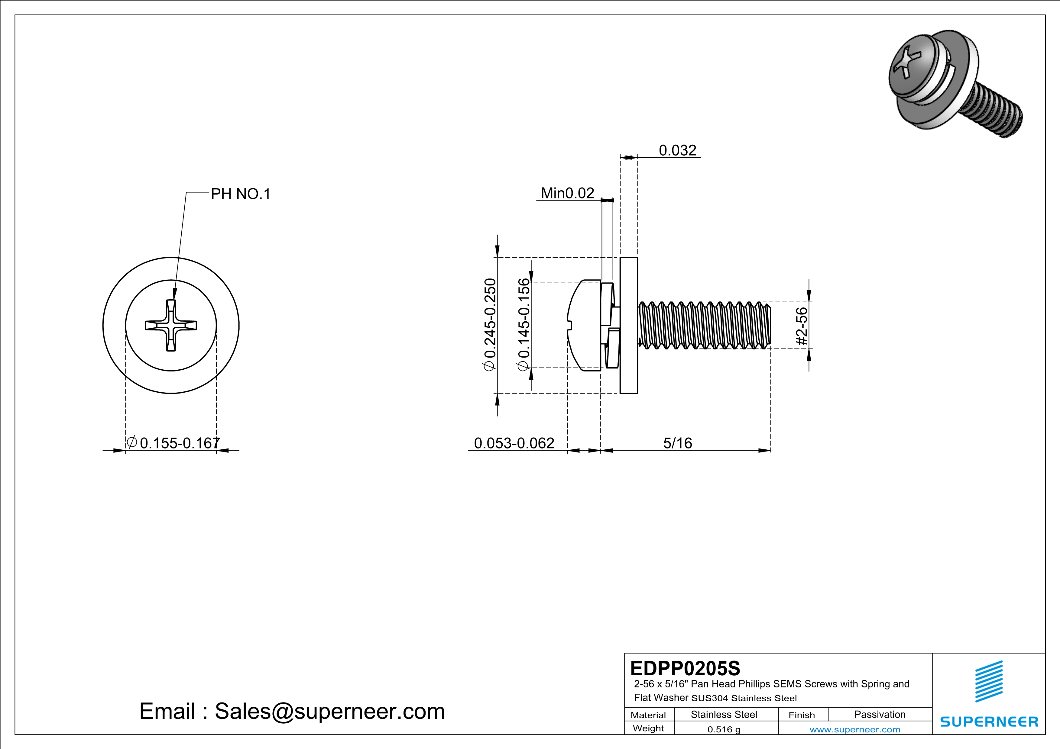 2-56 x 5/16" Pan Head Phillips SEMS Screws with Spring and Flat Washer SUS304 Stainless Steel Inox