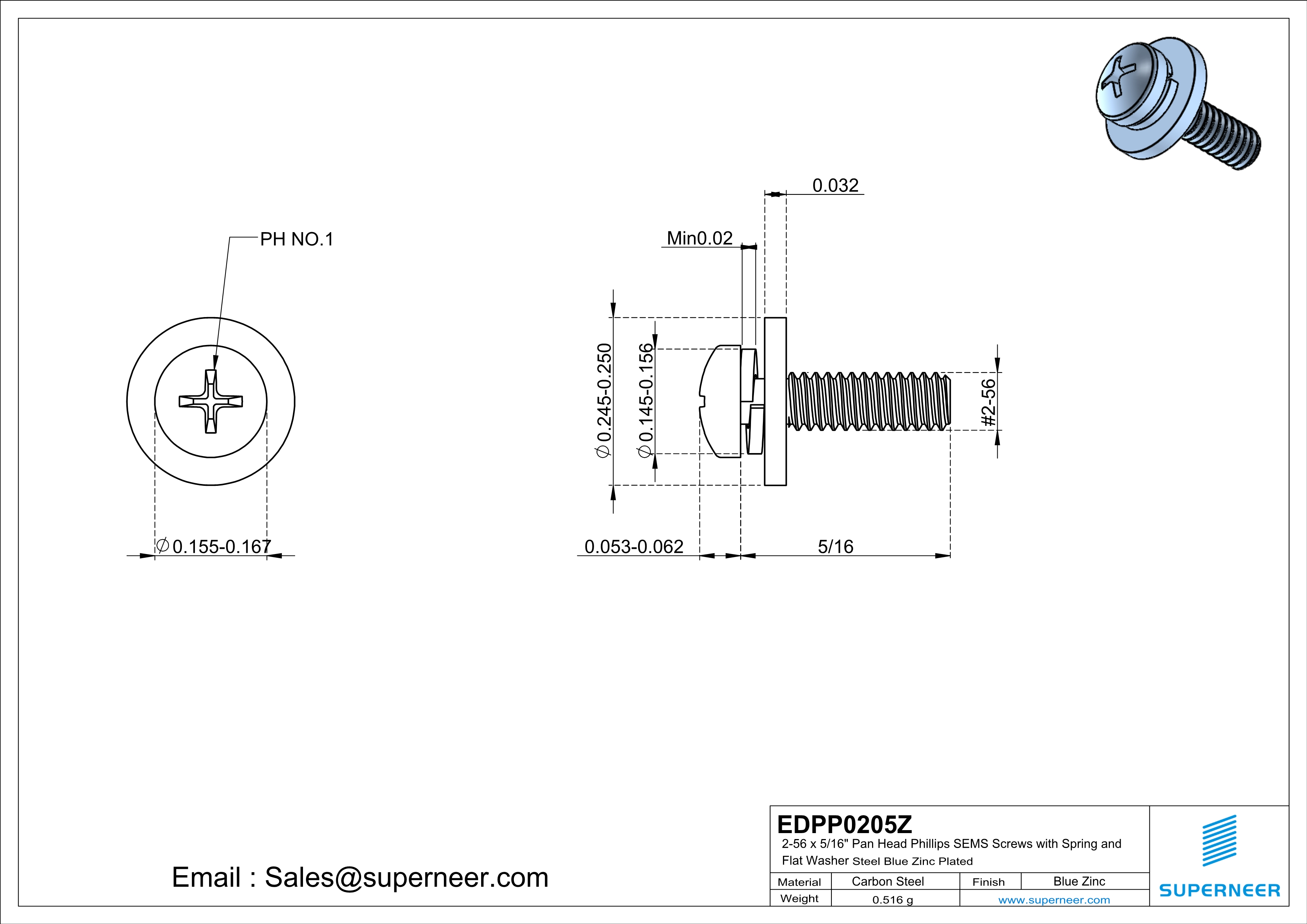 2-56 x 5/16" Pan Head Phillips SEMS Screws with Spring and Flat Washer Steel Blue Zinc Plated