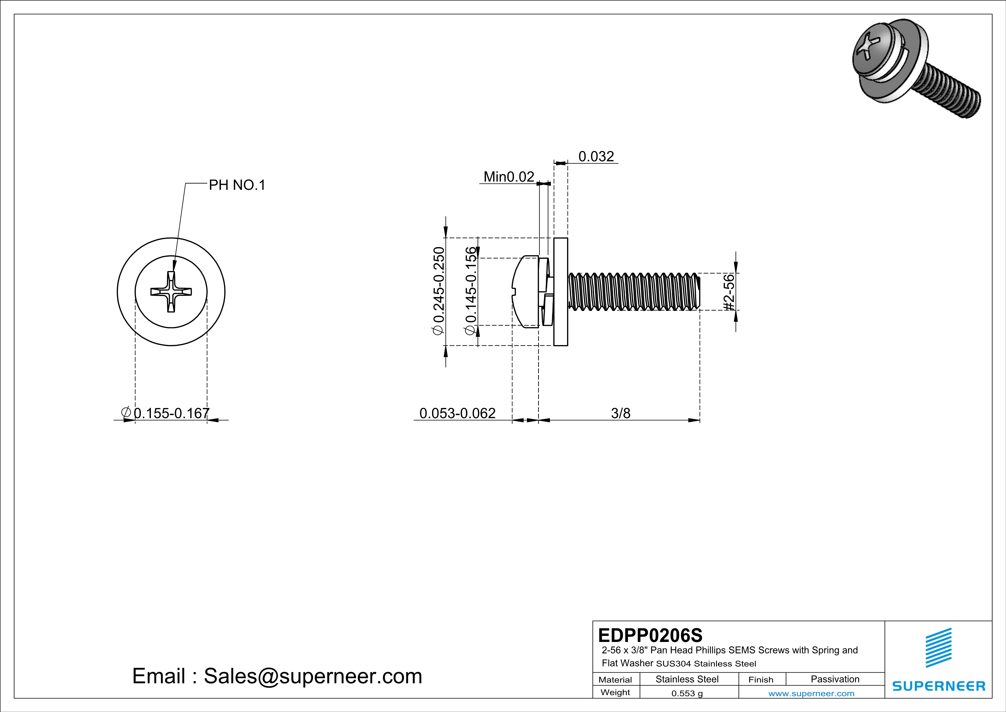 2-56 x 3/8" Pan Head Phillips SEMS Screws with Spring and Flat Washer SUS304 Stainless Steel Inox