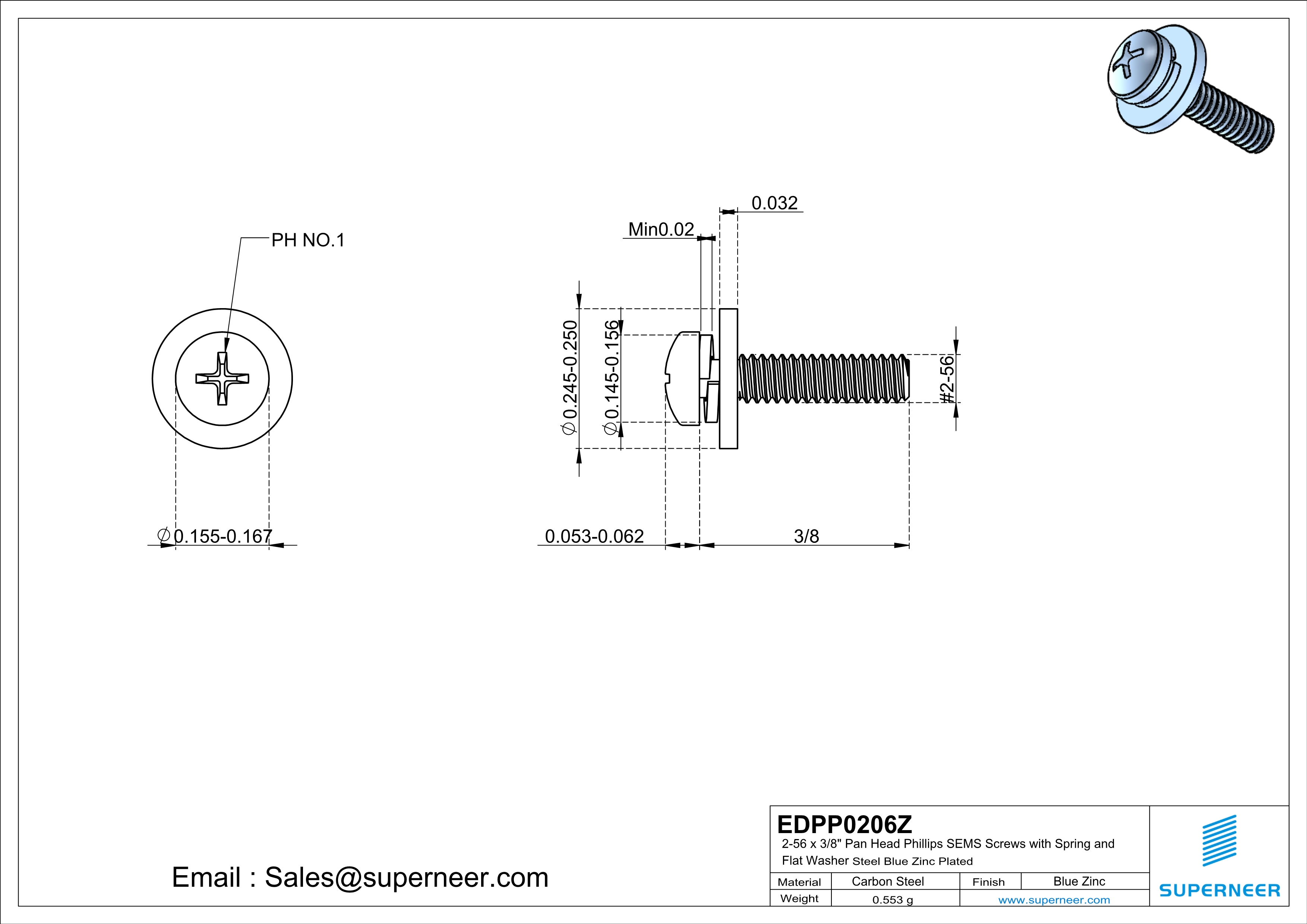 2-56 x 3/8" Pan Head Phillips SEMS Screws with Spring and Flat Washer Steel Blue Zinc Plated