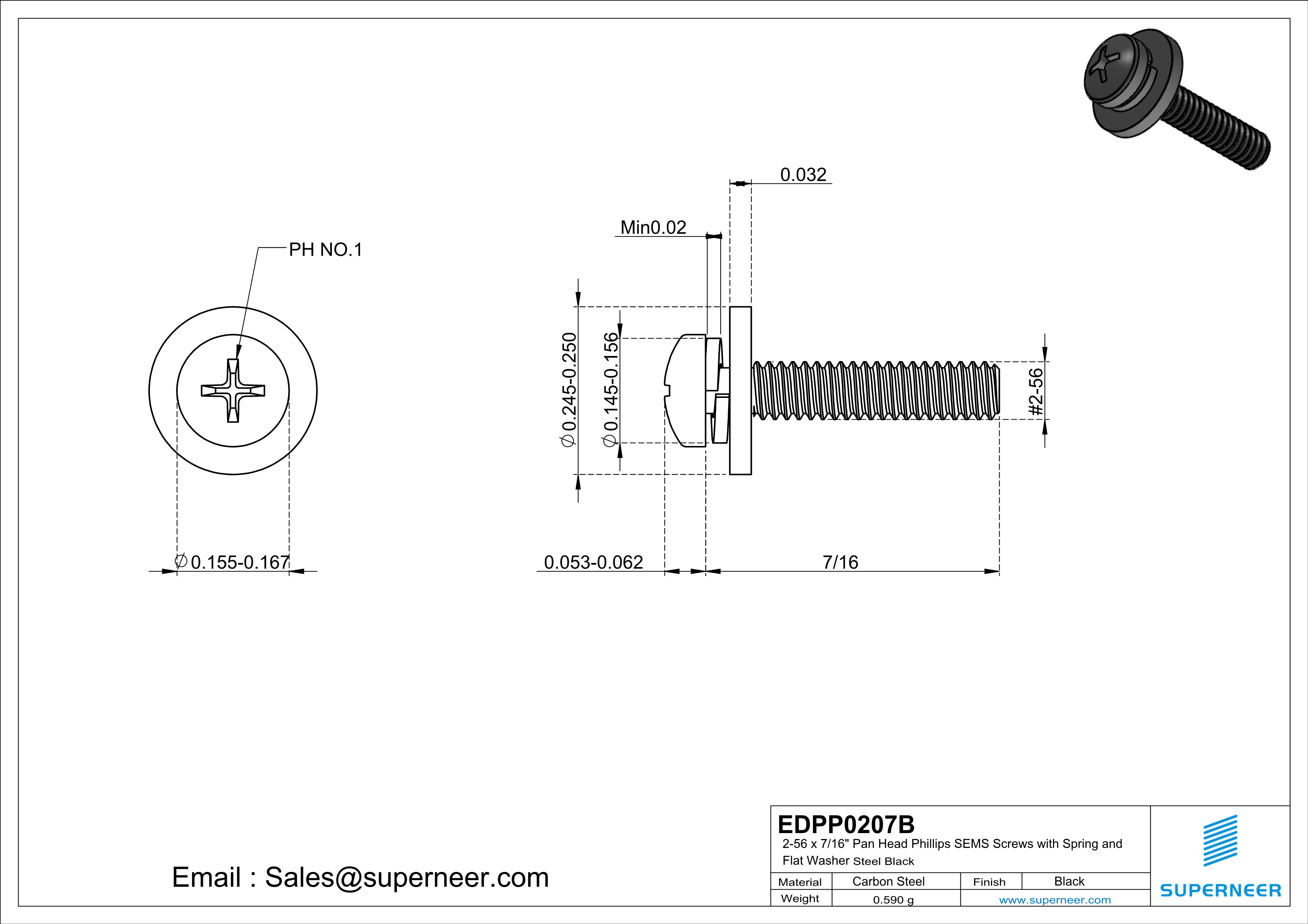 2-56 x 7/16" Pan Head Phillips SEMS Screws with Spring and Flat Washer Steel Black