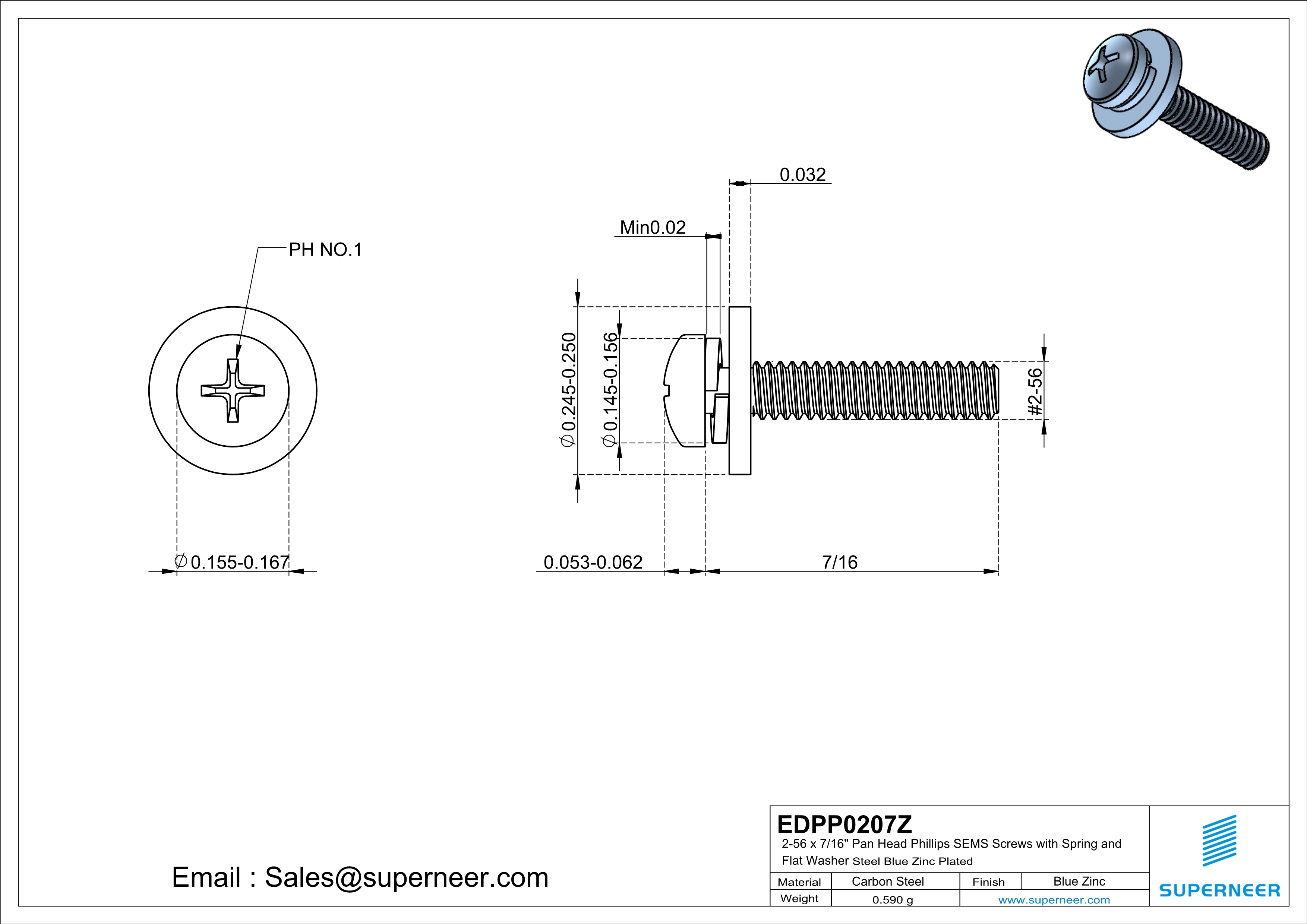 2-56 x 7/16" Pan Head Phillips SEMS Screws with Spring and Flat Washer Steel Blue Zinc Plated