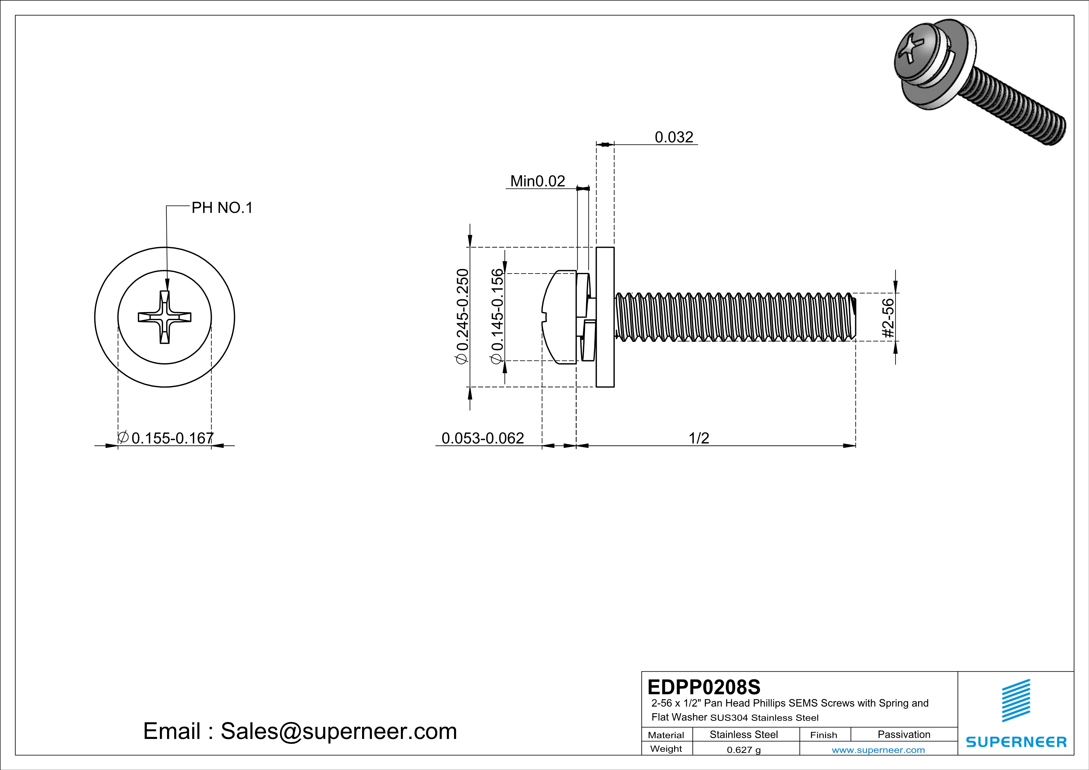2-56 x 1/2" Pan Head Phillips SEMS Screws with Spring and Flat Washer SUS304 Stainless Steel Inox
