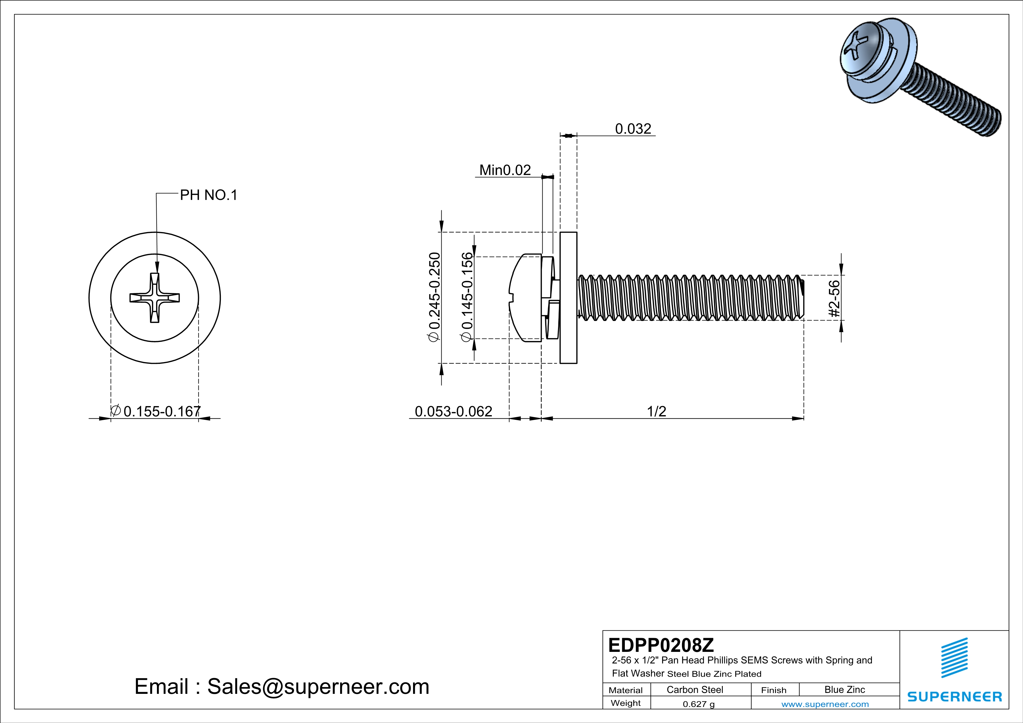 2-56 x 1/2" Pan Head Phillips SEMS Screws with Spring and Flat Washer Steel Blue Zinc Plated