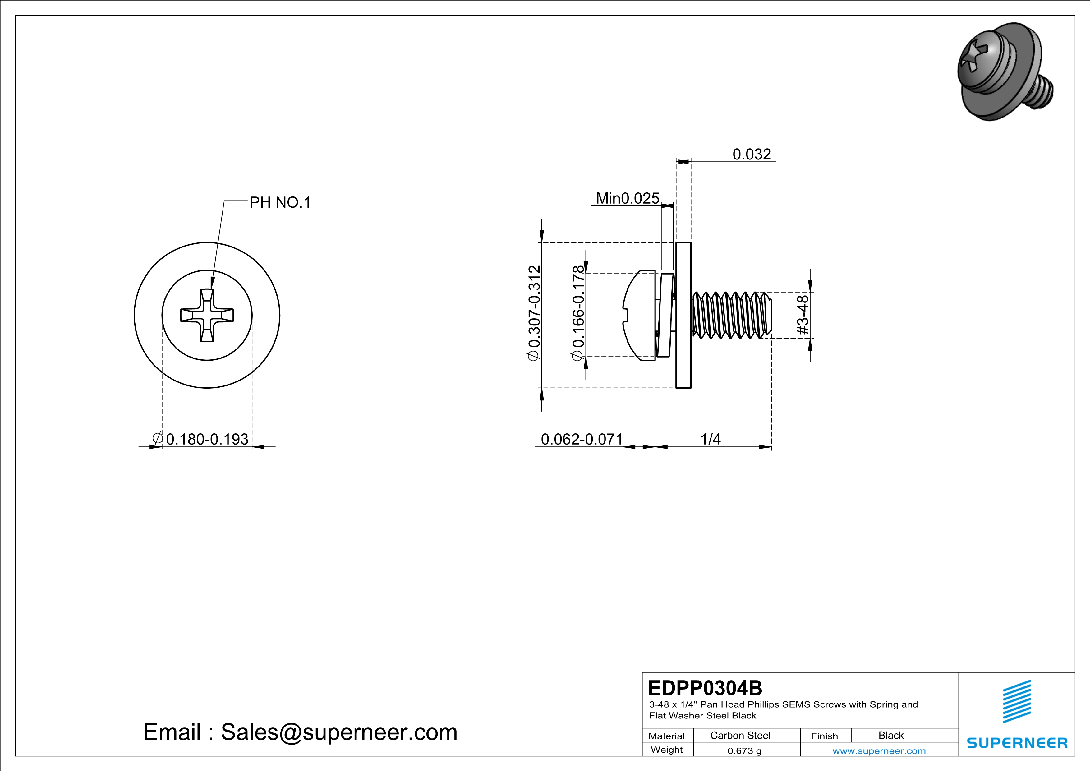 3-48 x 1/4" Pan Head Phillips SEMS Screws with Spring and Flat Washer Steel Black