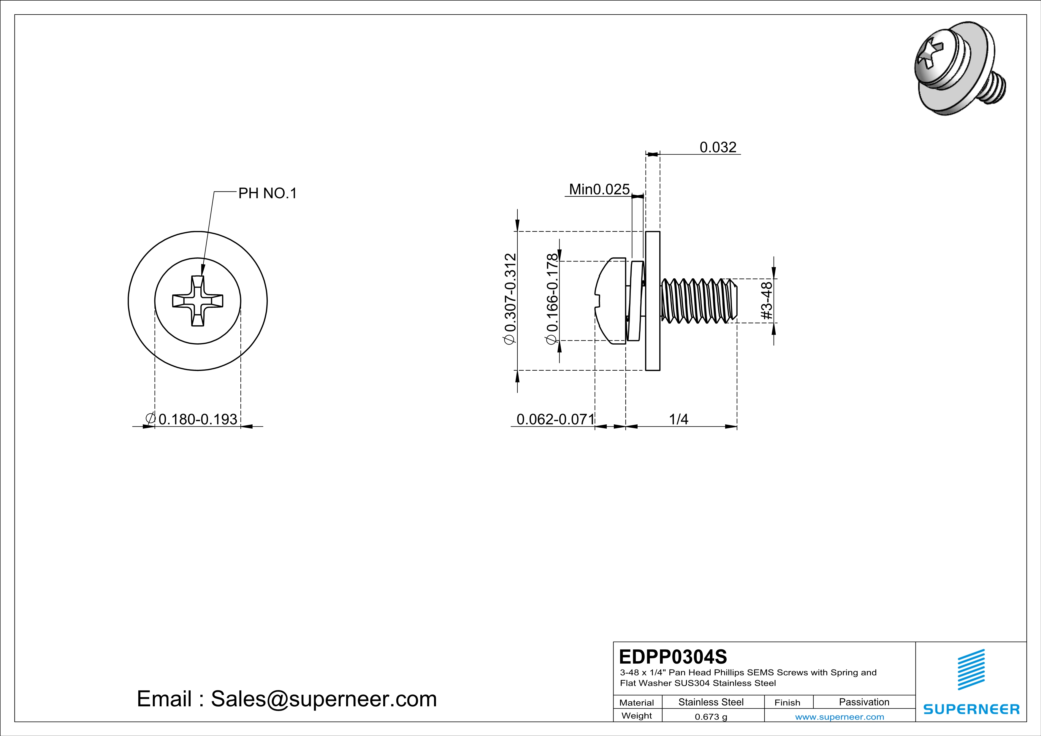 3-48 x 1/4" Pan Head Phillips SEMS Screws with Spring and Flat Washer SUS304 Stainless Steel Inox