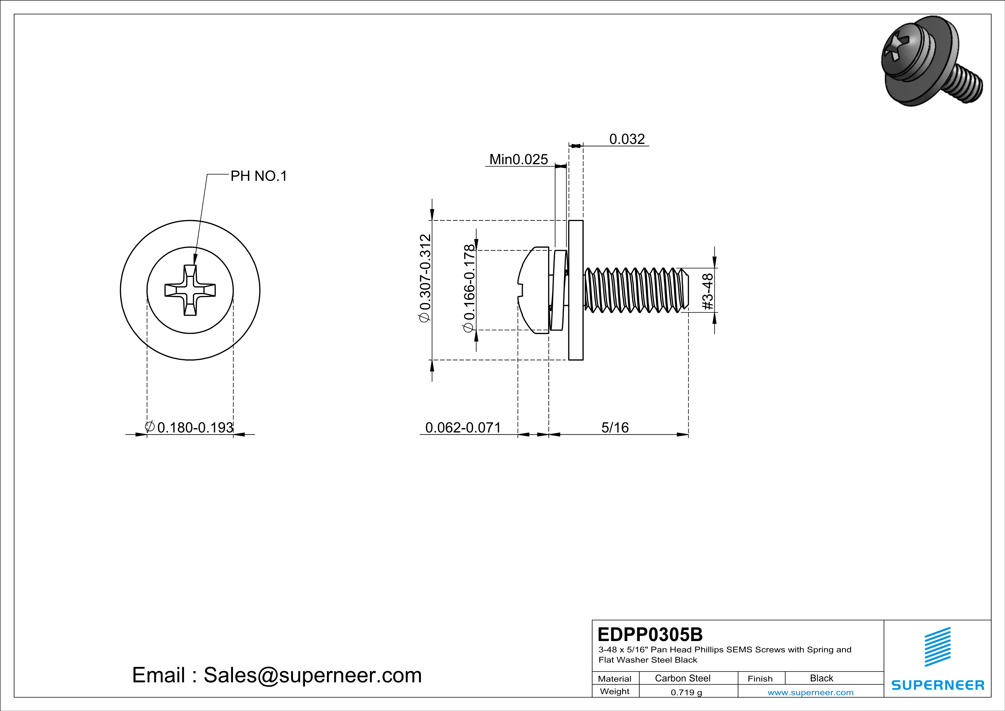 3-48 x 5/16" Pan Head Phillips SEMS Screws with Spring and Flat Washer Steel Black