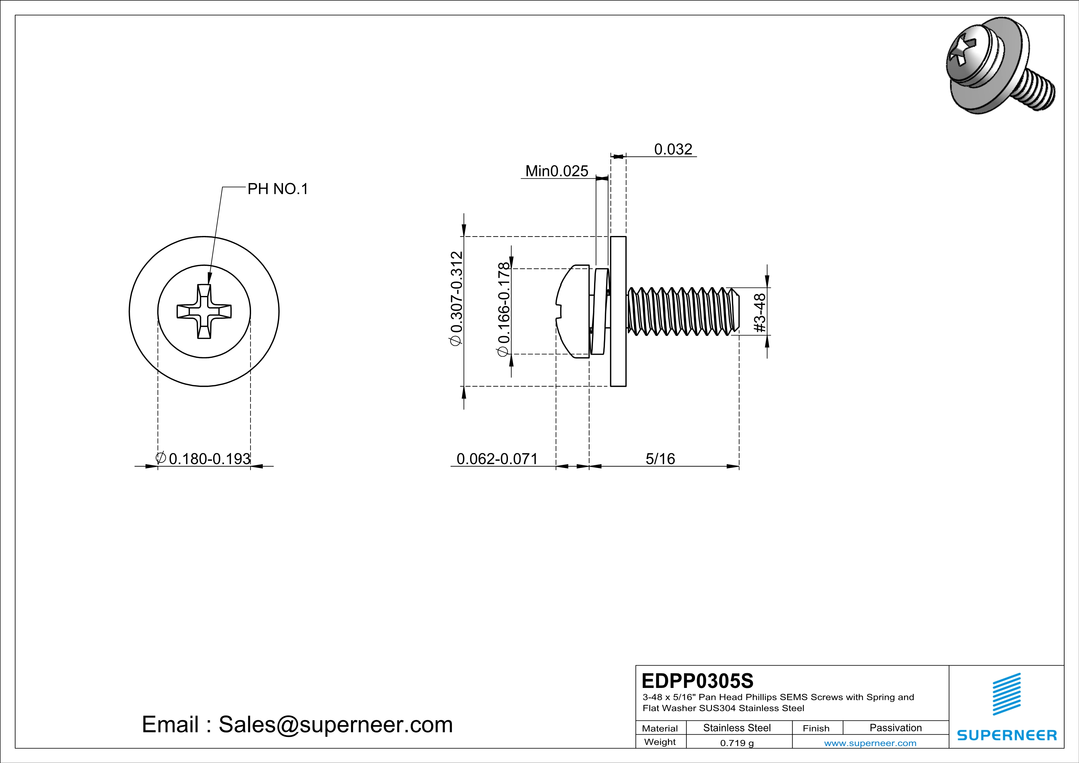 3-48 x 5/16" Pan Head Phillips SEMS Screws with Spring and Flat Washer SUS304 Stainless Steel Inox