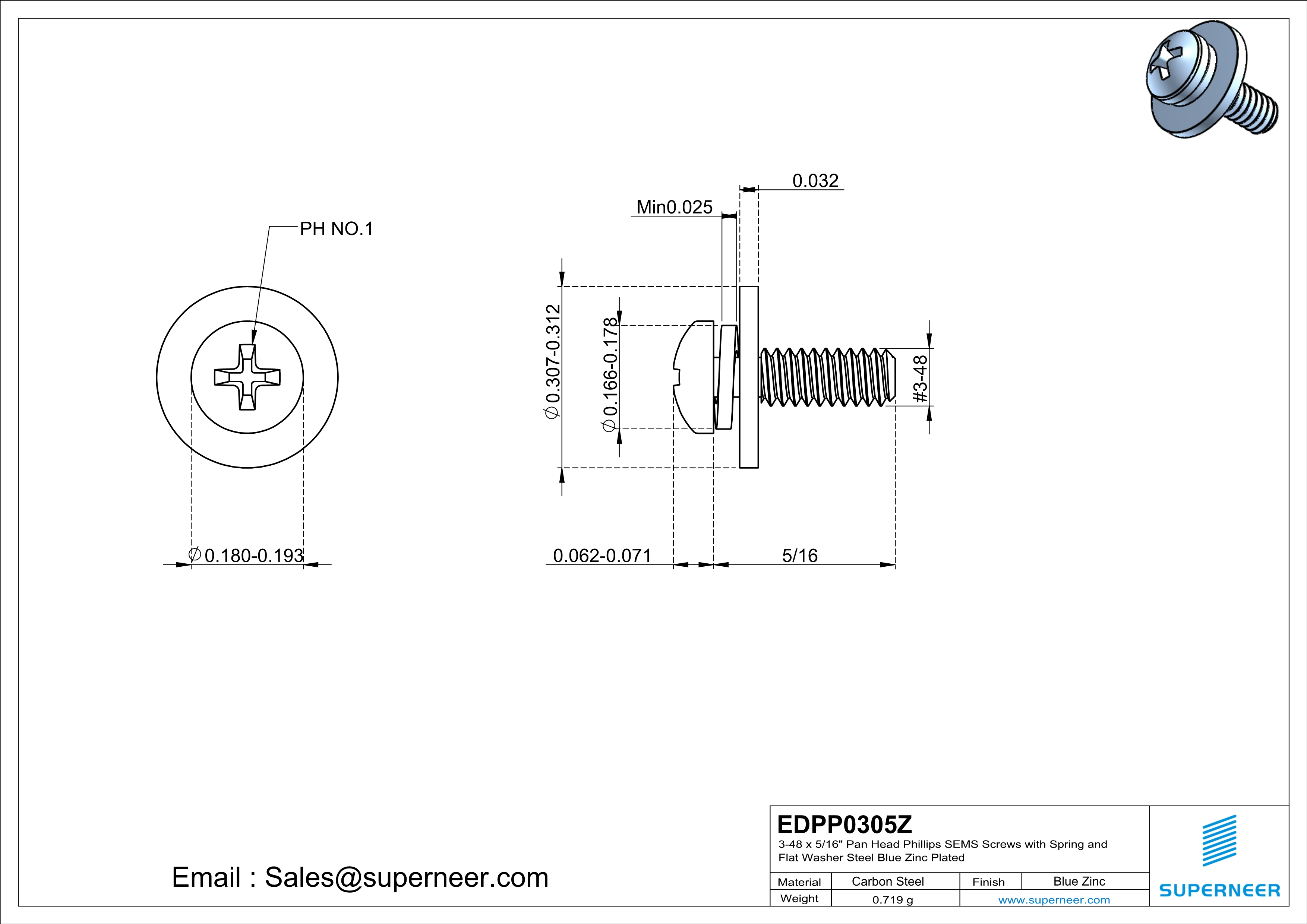 3-48 x 5/16" Pan Head Phillips SEMS Screws with Spring and Flat Washer Steel Blue Zinc Plated