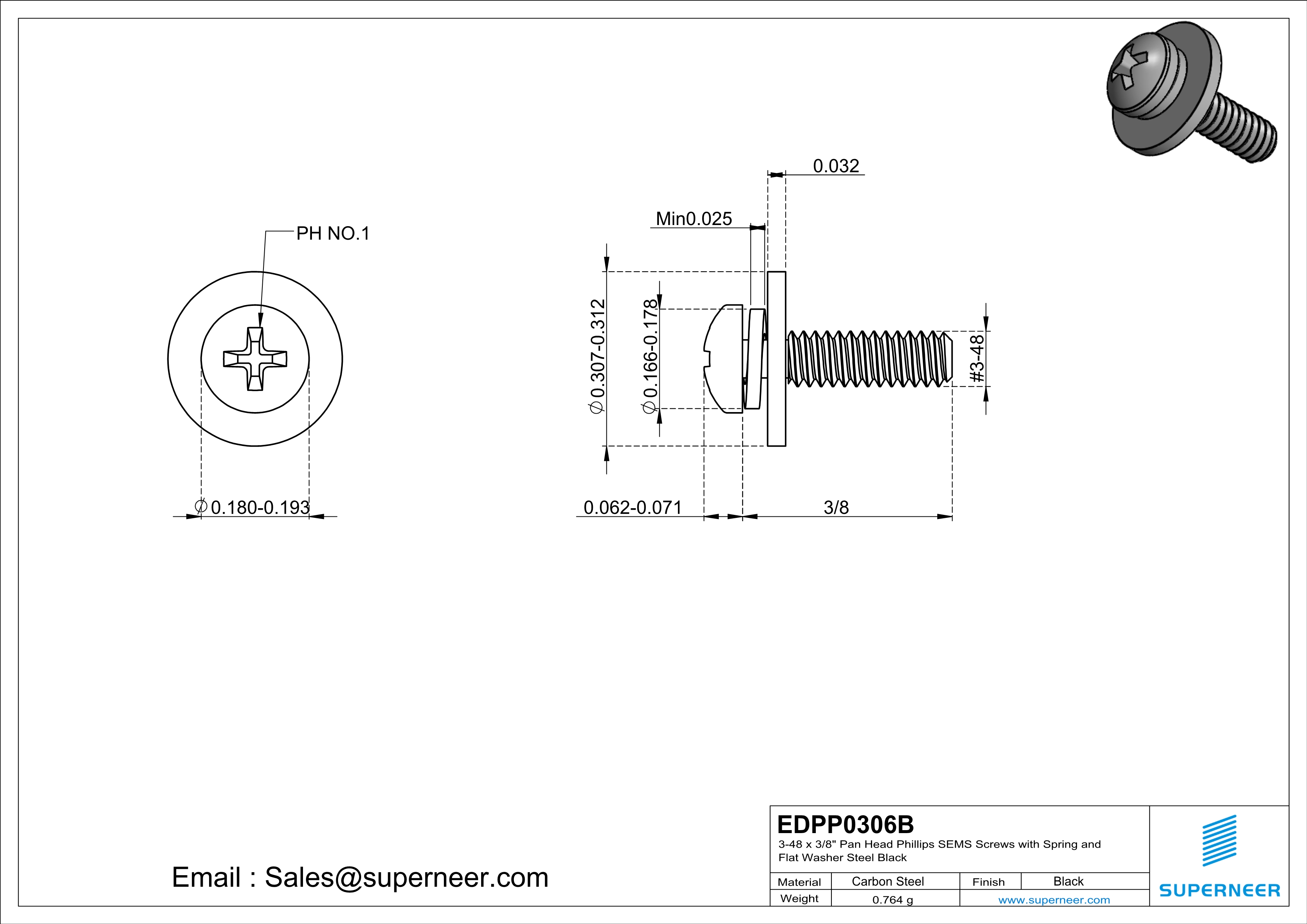 3-48 x 3/8" Pan Head Phillips SEMS Screws with Spring and Flat Washer Steel Black