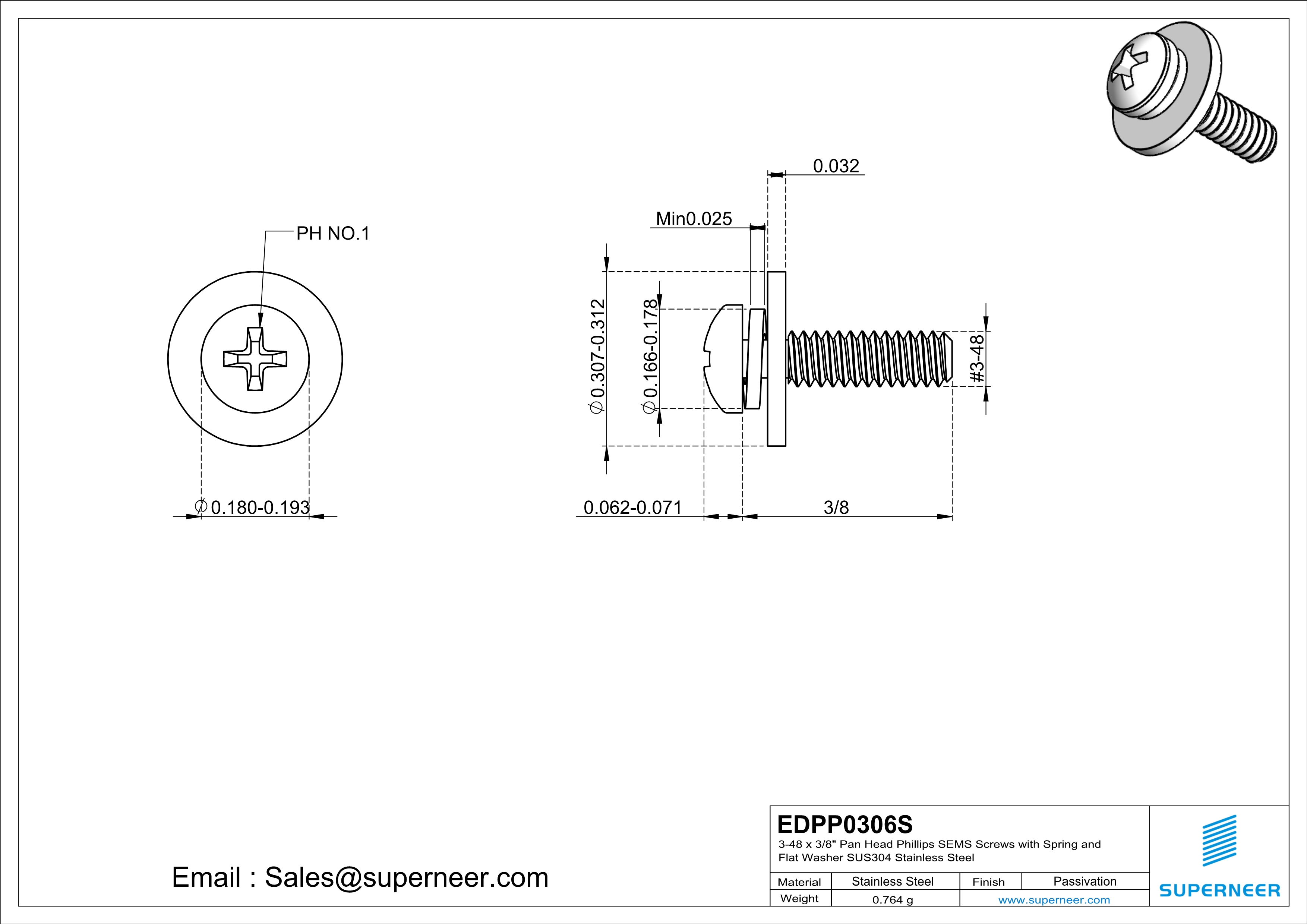 3-48 x 3/8" Pan Head Phillips SEMS Screws with Spring and Flat Washer SUS304 Stainless Steel Inox