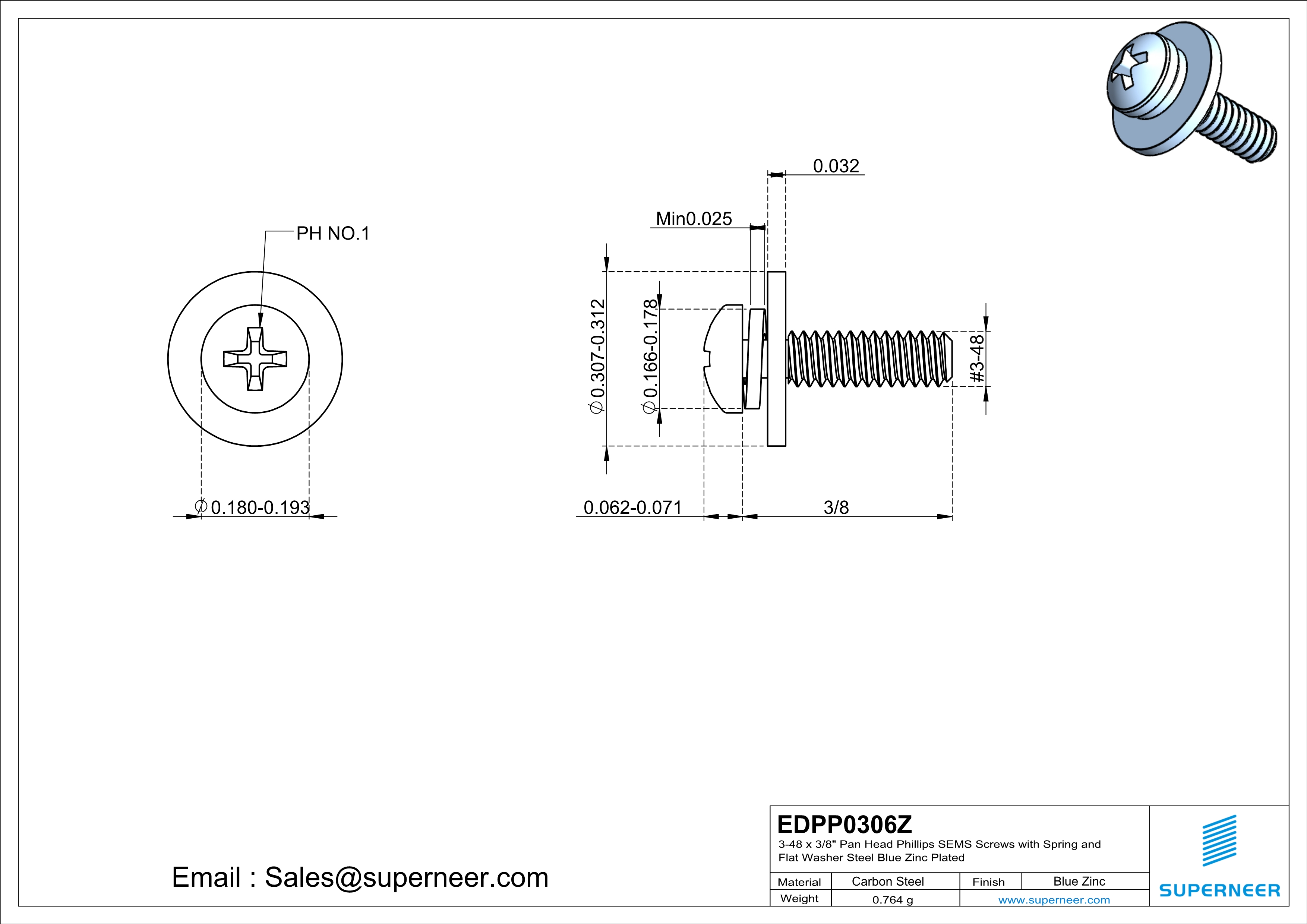 3-48 x 3/8" Pan Head Phillips SEMS Screws with Spring and Flat Washer Steel Blue Zinc Plated